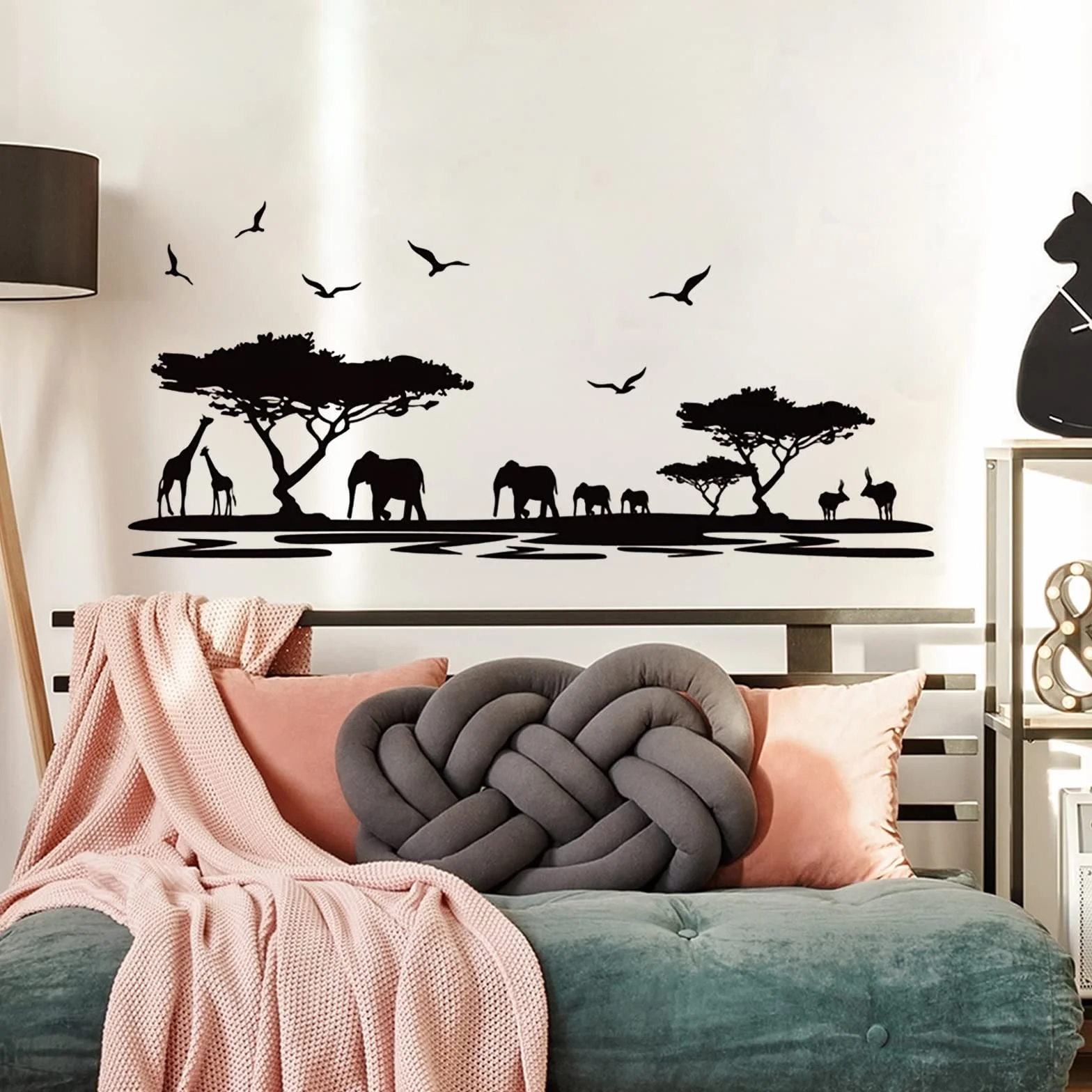 WandSticker4U® - Naklejki ścienne LA SAVANA w kolorze czarnym (160x75 cm) I naklejka ścienna zwierzęta safari afryka krajobraz słoń żyrafa I Deco do salonu, sypialni, kuchni, korytarza, dla dorosłych,