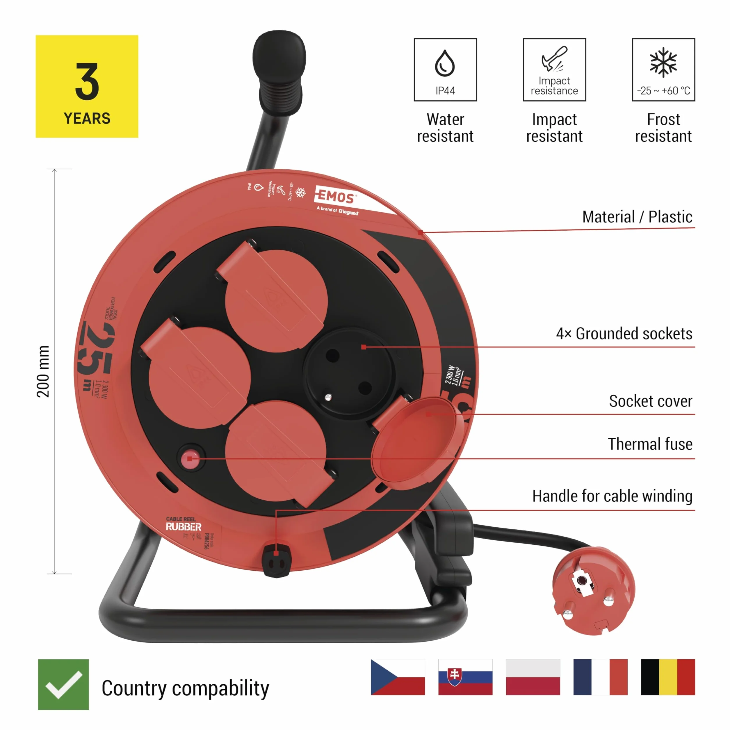 EMOS Bęben kablowy 25 m 4 gniazda wtykowe 230 V 10 A 2300 W H05RR-F3G 1,0 mm2