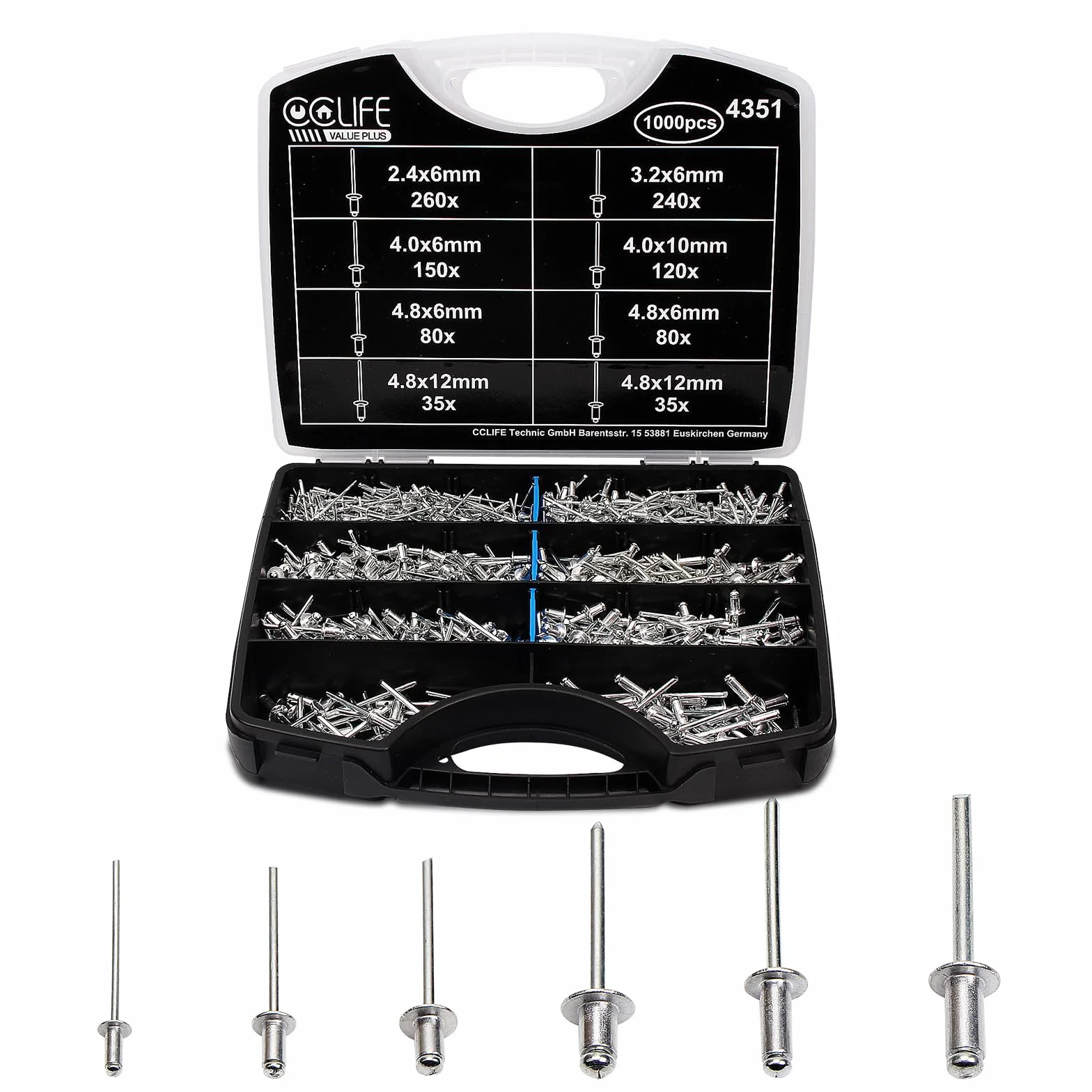 CCLIFE Zestaw 1000 sztuk nity aluminiowe ślepe nity poprzeczne nity stalowe 2,4-3,2-4-4,8mm
