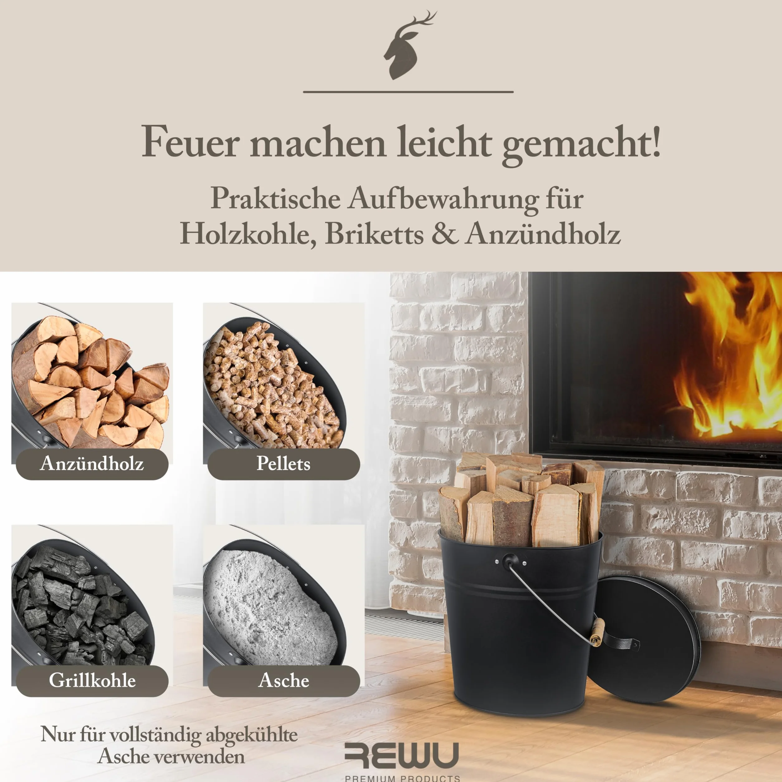 ReWu Stahleimer Ascheeimer Mehrzweckeimer oval mit Deckel für heiße Glut und Asche - Größe 15 l - Kohleeimer Kamineimer in matt schwarz