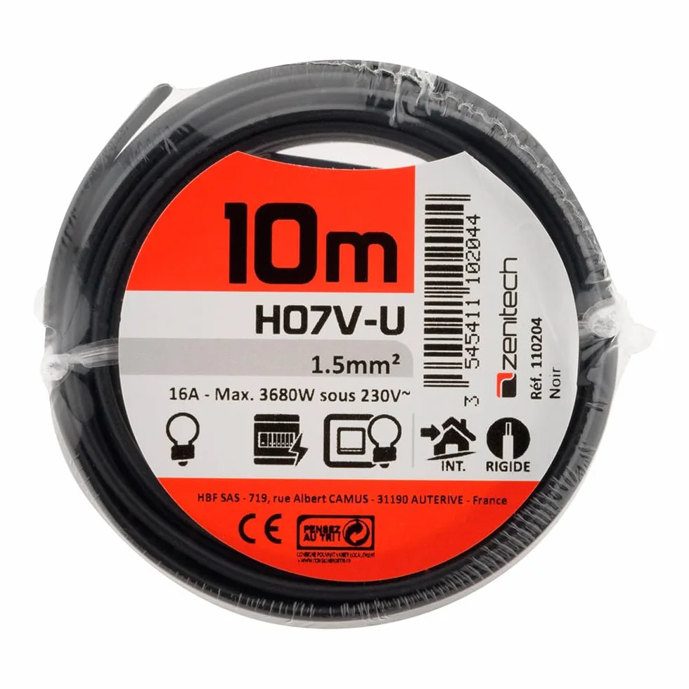 Zenitech Przewód Zasilający H07V-U 1,5 mm² 10 m Czarny