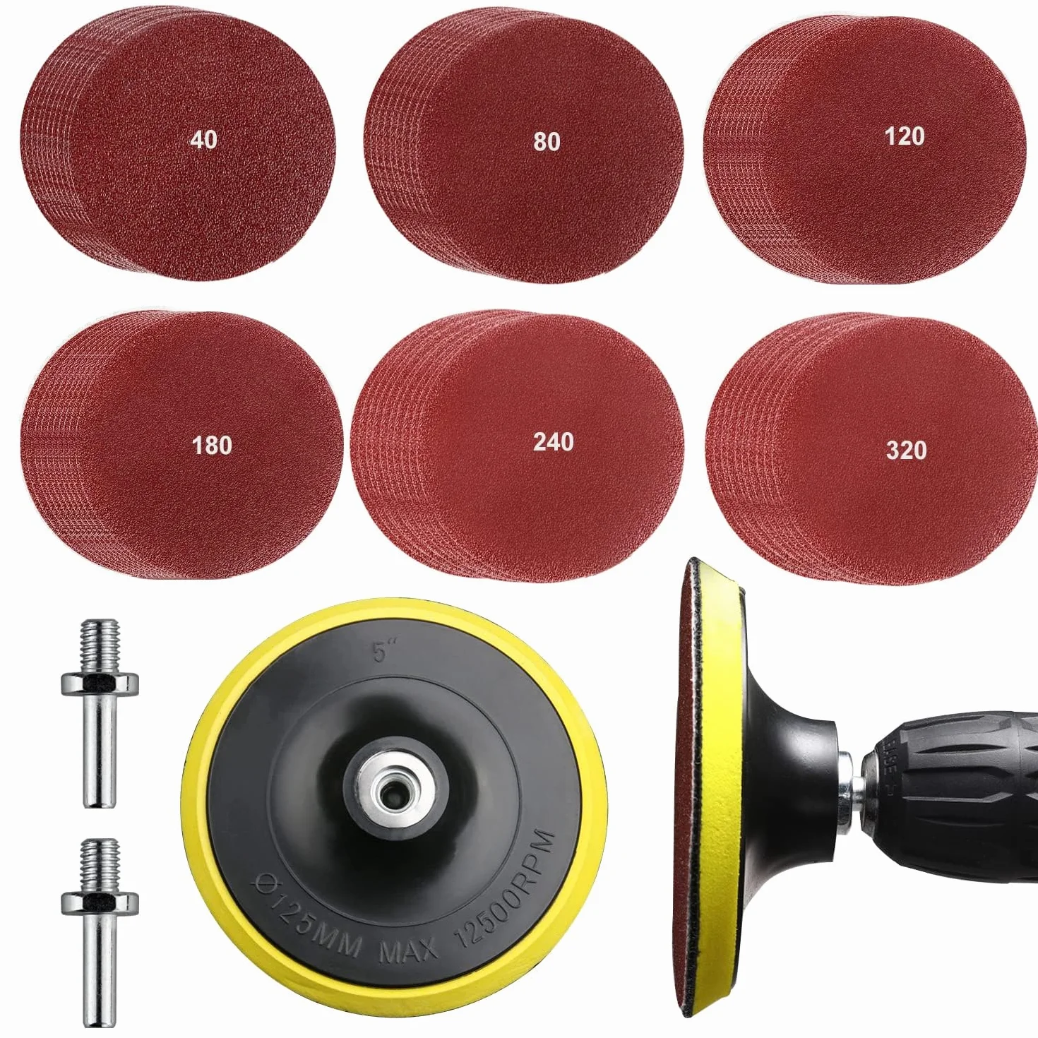 Papier Szlifierski 125 mm 40-320 Grit, 60 Arkuszy, 2 Talerze Podporowe, M14 Tarcze Szlifierskie na Rzep do Szlifierek Kątowych