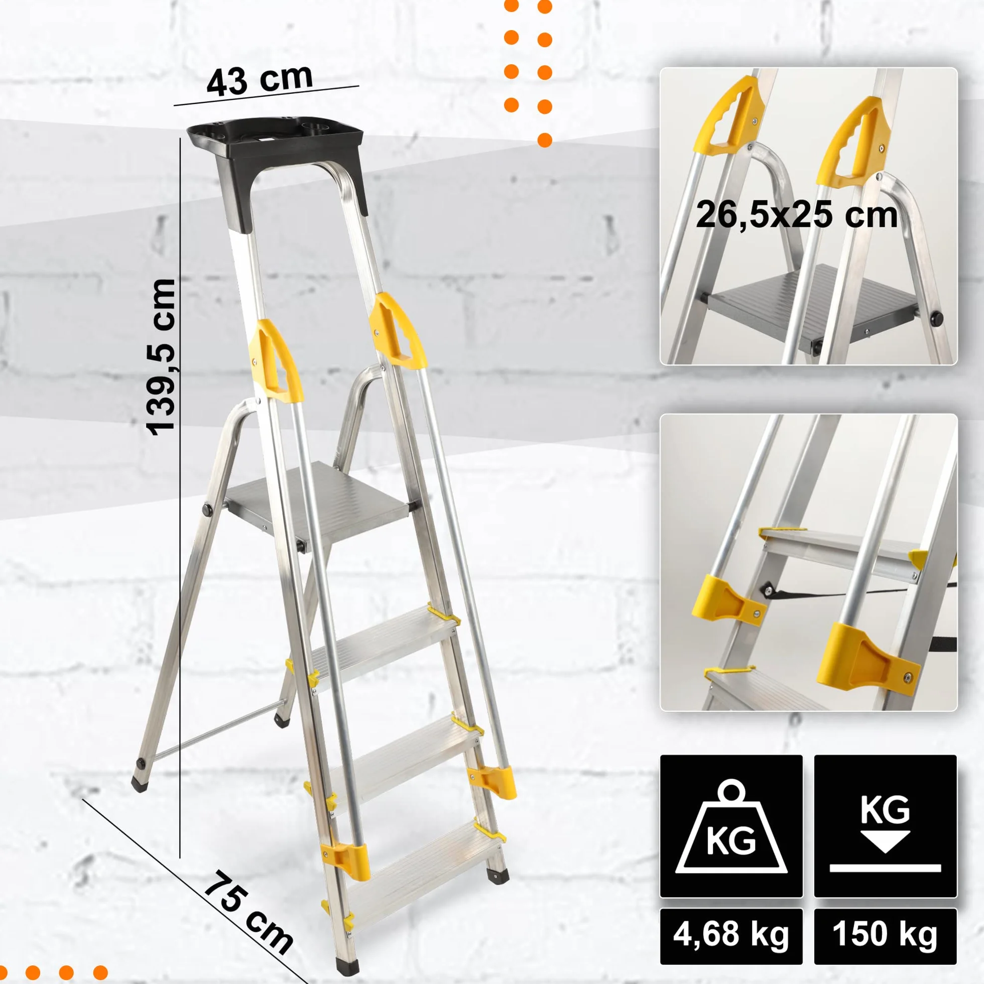 KADAX Drabina aluminiowa 4-stopniowa składana z poręczą 150 kg