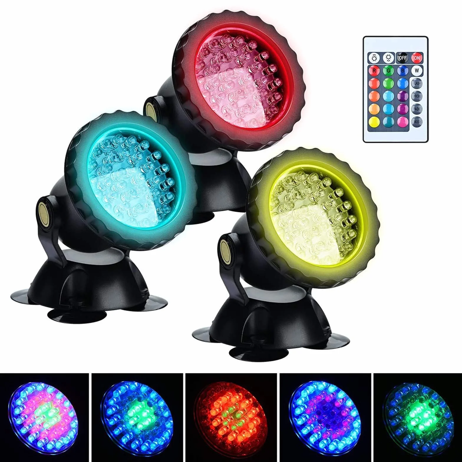 Lychee RGB, reflektor do akwarium, oświetlenie podwodne, oświetlenie zanurzeniowe dla ryb, wodoodporna lampa LED, IP68, regulowany kąt, światło z pilotem, do basenu i fontanny w ogrodzie, 3 sztuki