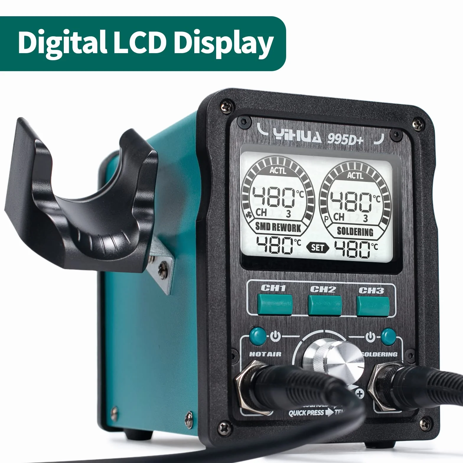 YIHUA 995D+ EVO Stacja lutownicza na gorące powietrze 2 w 1 z wyświetlaczem LCD, 5 końcówkami, 4 dyszami, bezołowiowym drutem lutowniczym