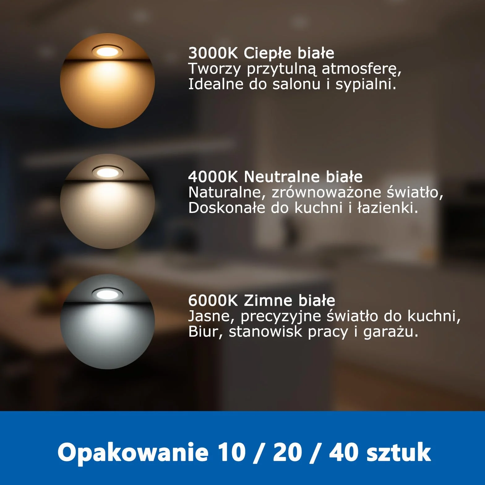 Reflektory LED Wpuszczane Sufitowe, Białe Neutralne 4000 K, Otwór 68 mm, Wodoodporne IP44, 5 W 400 lm 220-240 V, Średnica 90 mm, Wewnętrzna Łazienka Kuchenna, Zestaw 40 Sztuk