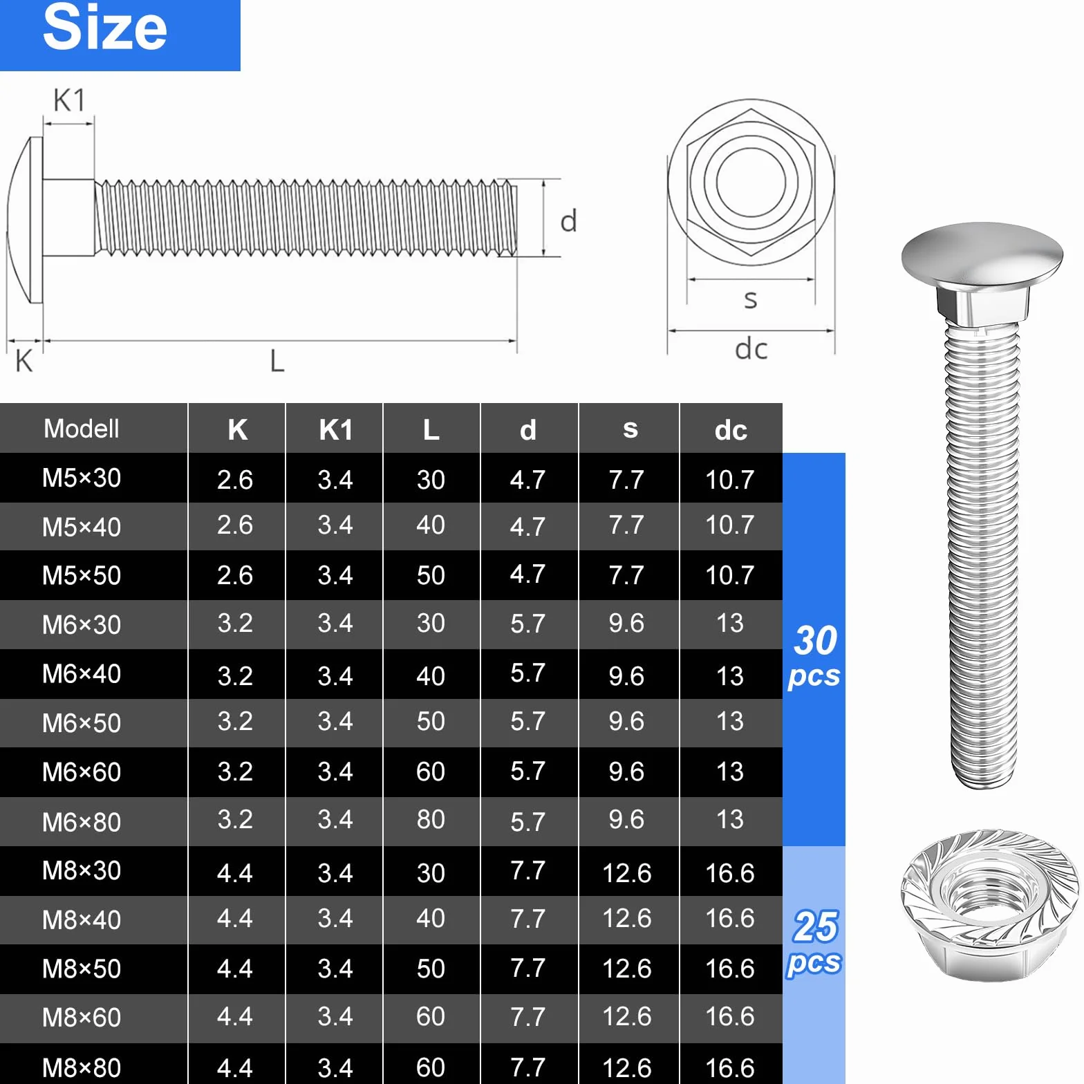 Śruby zamkowe M6 x 60 mm ocynkowane DIN 603, stal nierdzewna, do bramy, mebli, przemysłu