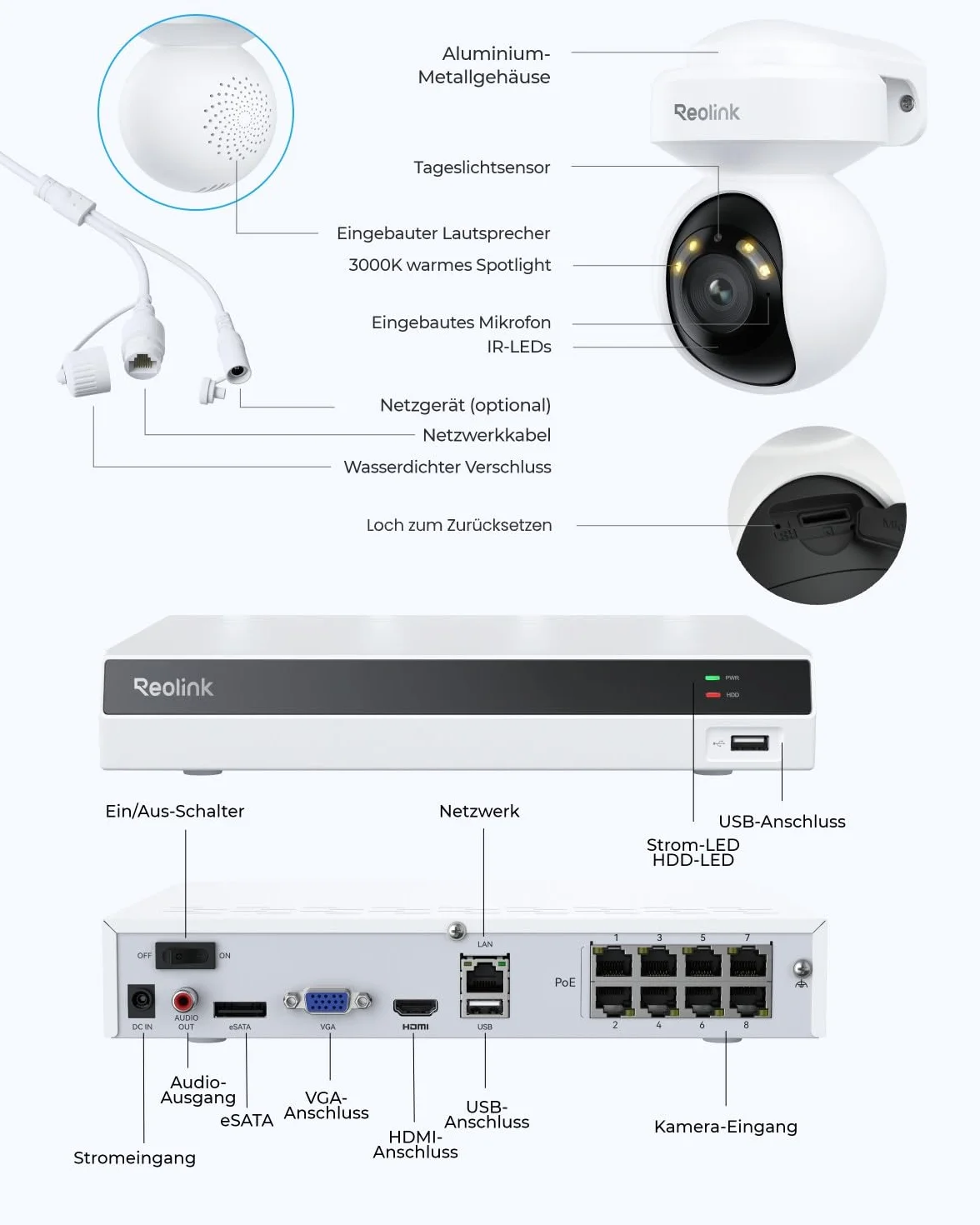 Reolink RLK8-800PT4 4K PoE Security System Pan Tilt z auto-trackingiem 8CH NVR 2TB HDD 4 kamery