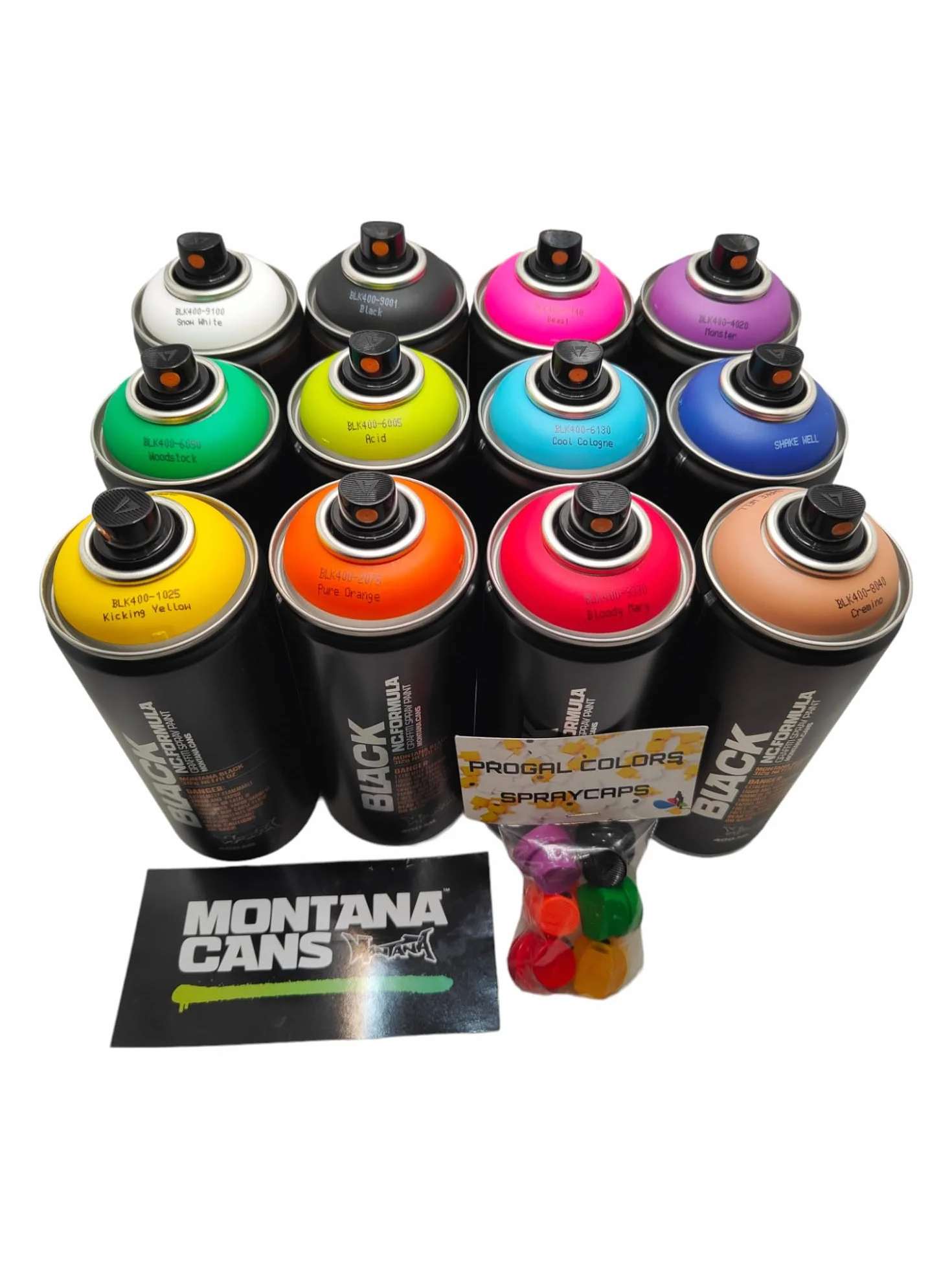 Montana Black 400 ml farba w sprayu zestaw 12 sztuk + 6 głowic natryskowych graffiti