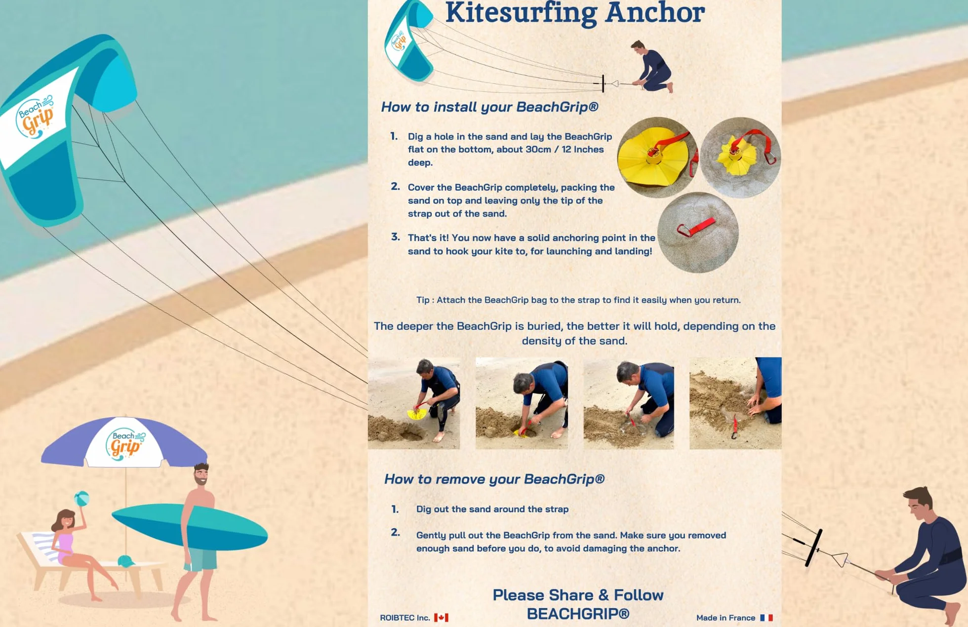 BeachGrip – Kotwica do kitesurfingu – Innowacyjna kotwica do samodzielnego startu – Mała, lekka, łatwa w użyciu i trwała – Idealny sprzęt do wodowania latawca, gdy jesteś sam na plaży!