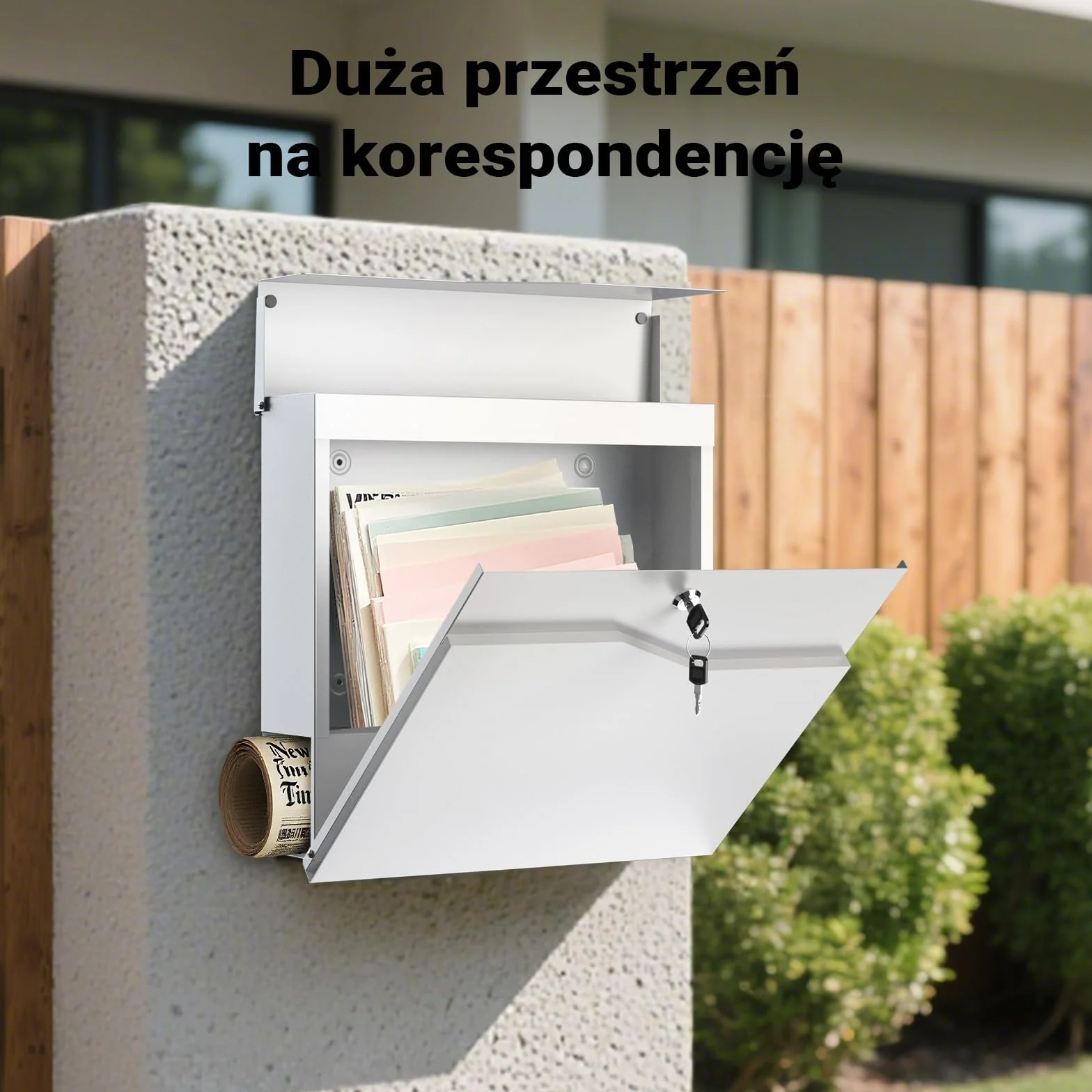 Wiltec Skrzynka na listy biała V19, stalowa z ukrytym zamkiem, nowoczesna skrzynka pocztowa do montażu na ścianie i stojaku, miejsce na gazety