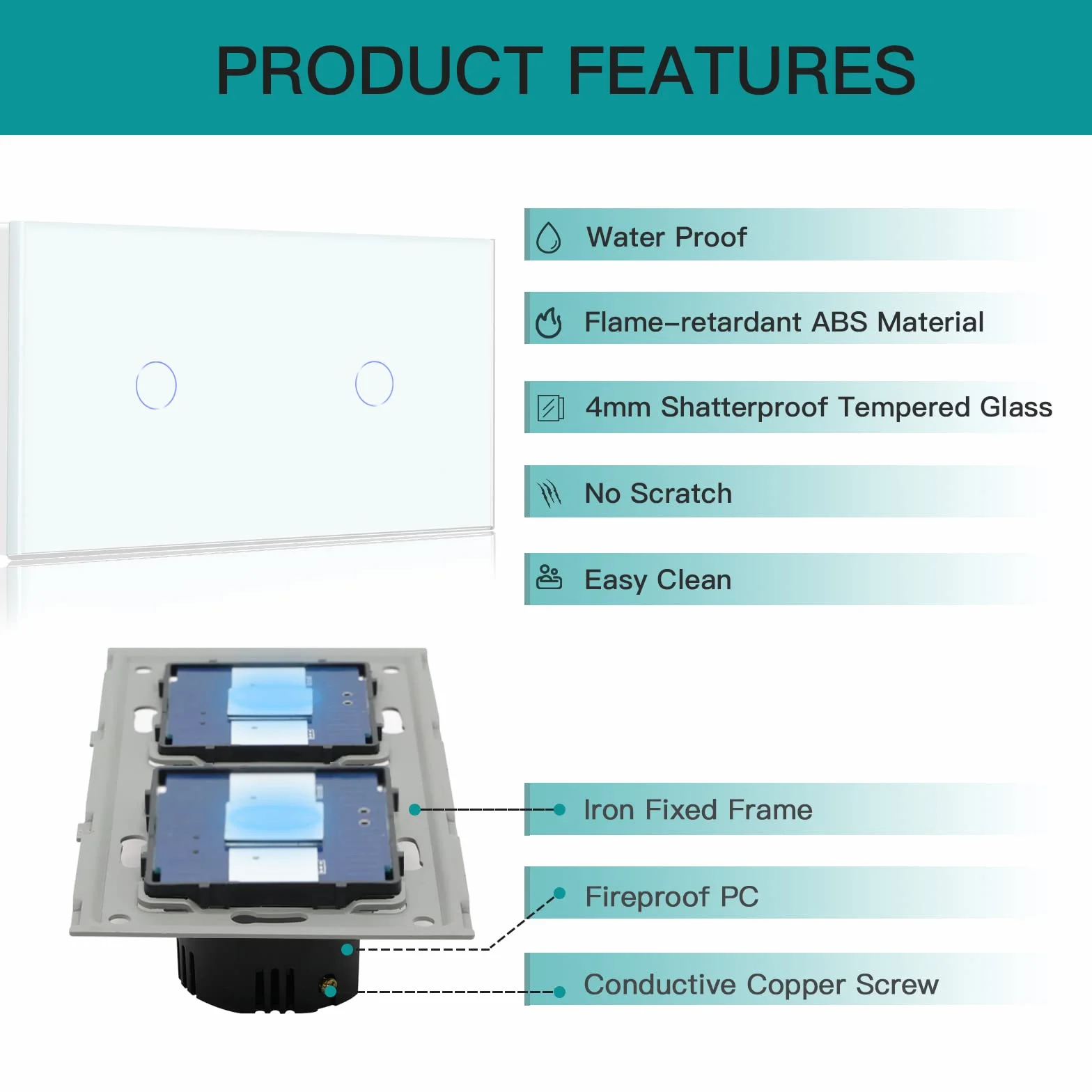BSEED Smart Alexa Double WiFi Touch Light Switch 1-Way Wall Glass Panel White 157x86mm