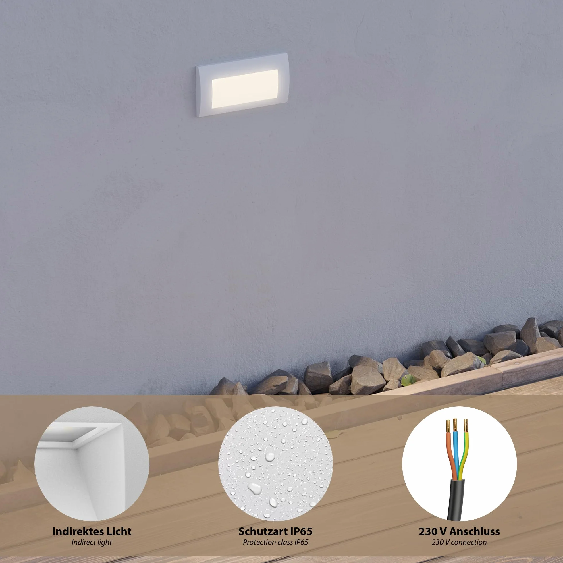 ledscom.de Lampa ścienna wpuszczana LED ZIBAL, downlight IP65 140x70mm 3,3W 209lm ciepła biel