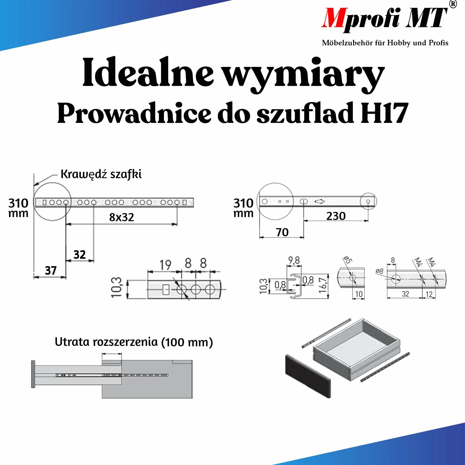 Mprofi MT® Prowadnica Kulkowa Częściowo Wysuwana H: 17 L: 310mm 2 Sztuki