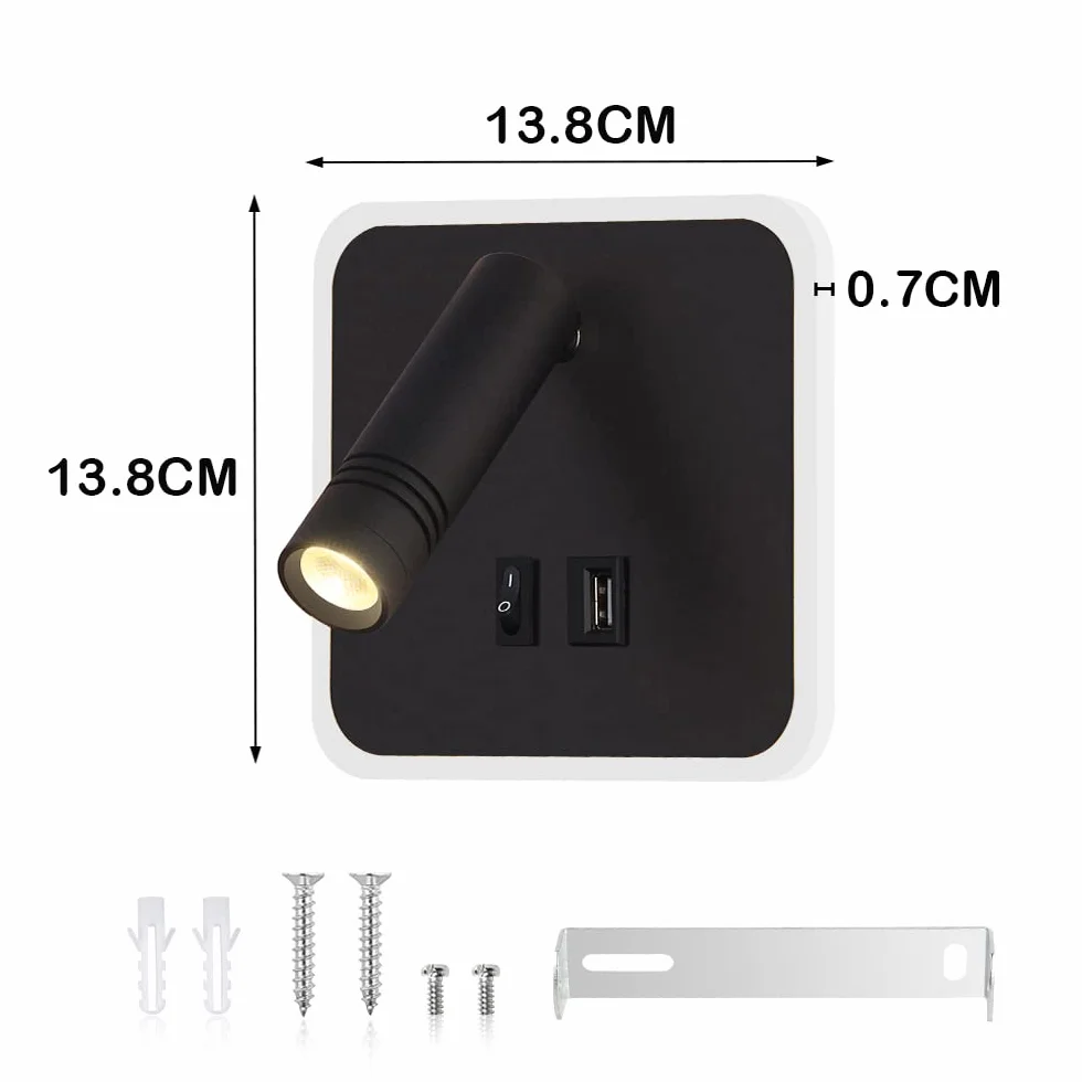 ERWEY Lampa ścienna LED do czytania, regulowana 3W 4000K + 5W 6000K, z przełącznikiem i USB, czarna
