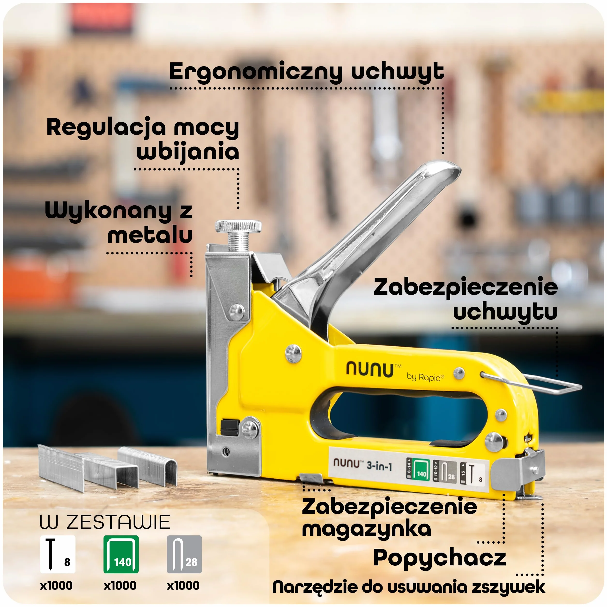 Rapid NUNU Zszywacz 3w1 Taker do Drewna, Ścian, Tapicerski, Regulowana Moc, 3000 Zszywek