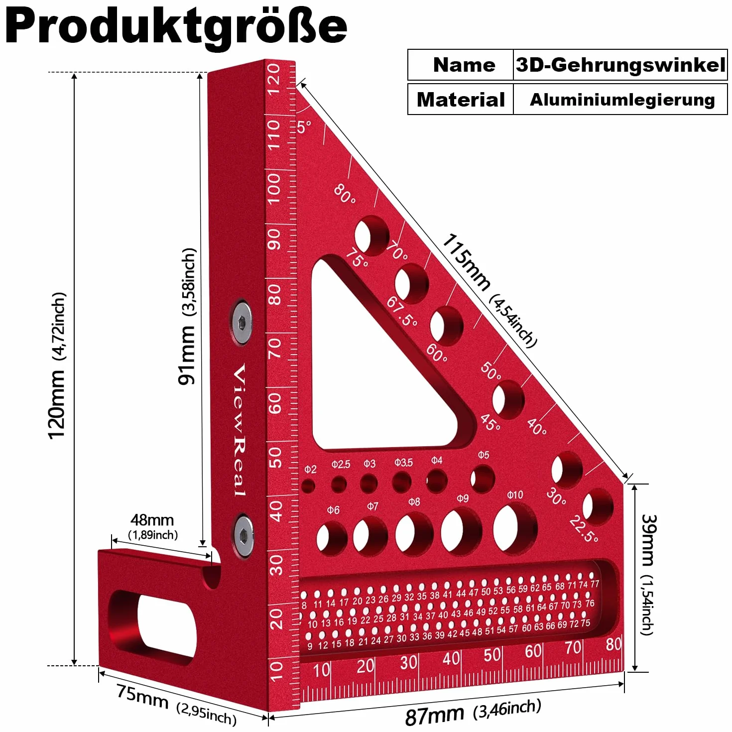 Wielofunkcyjny kąt nachylenia 3D, 22,5-90, ze stopu aluminium, precyzyjne narzędzie pomiarowe