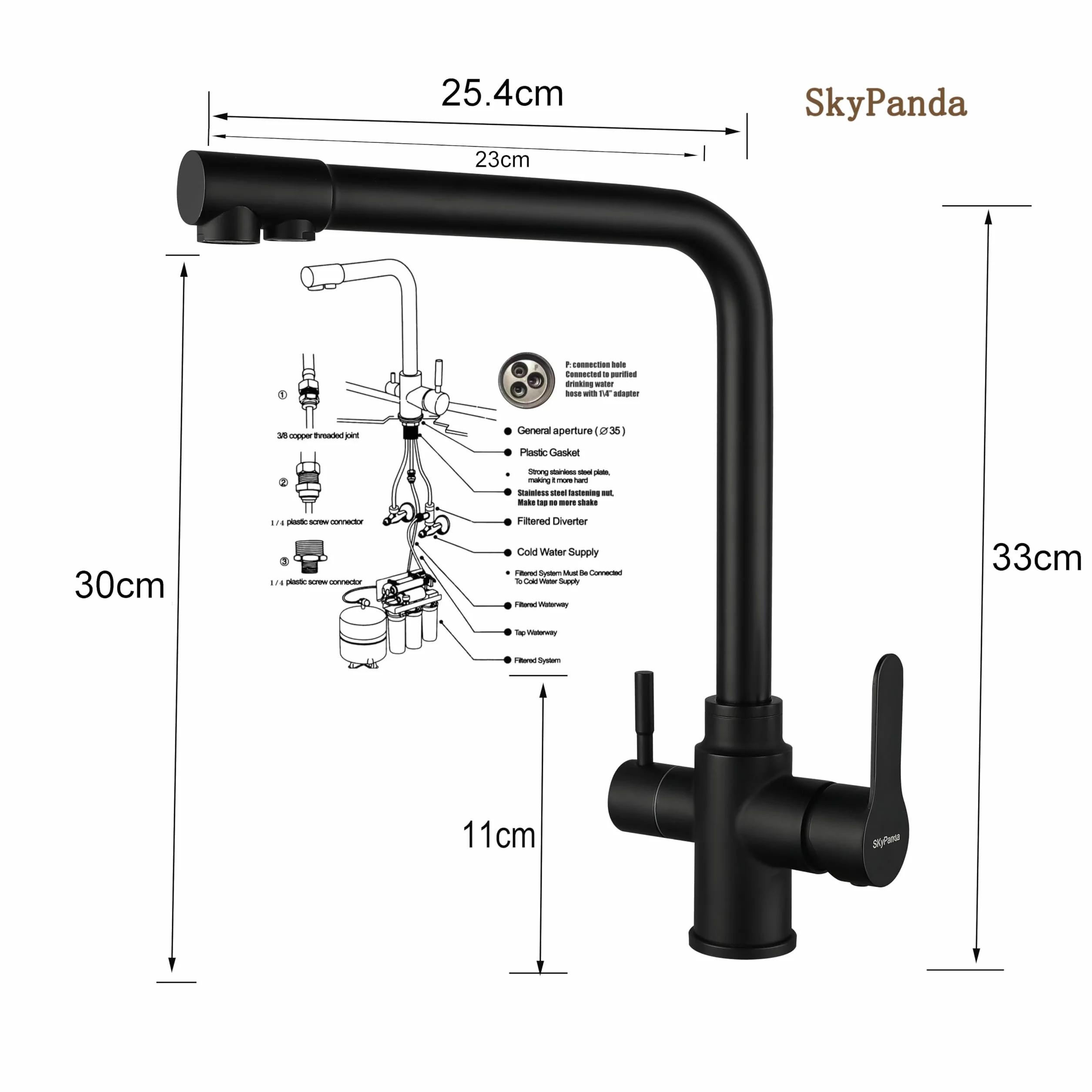 3-drożna bateria kuchenna stal nierdzewna SUS304 Czarny Matowy obrotowa 360°