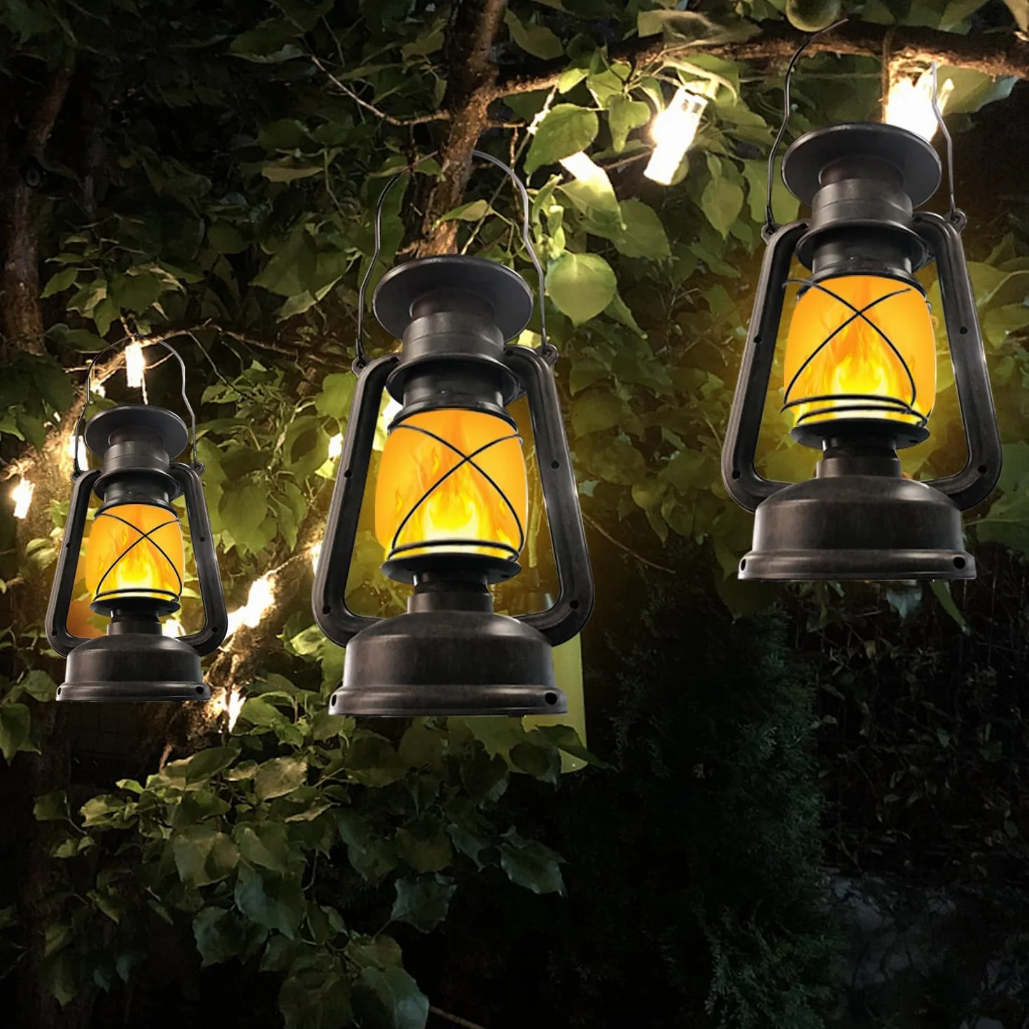 Shinmax Latarnia do użytku na zewnątrz, w stylu retro, 2 sztuki, efekt płomienia, lampa solarna do użytku na zewnątrz, wisząca latarnia, odporna na warunki atmosferyczne, na kemping (solarna)