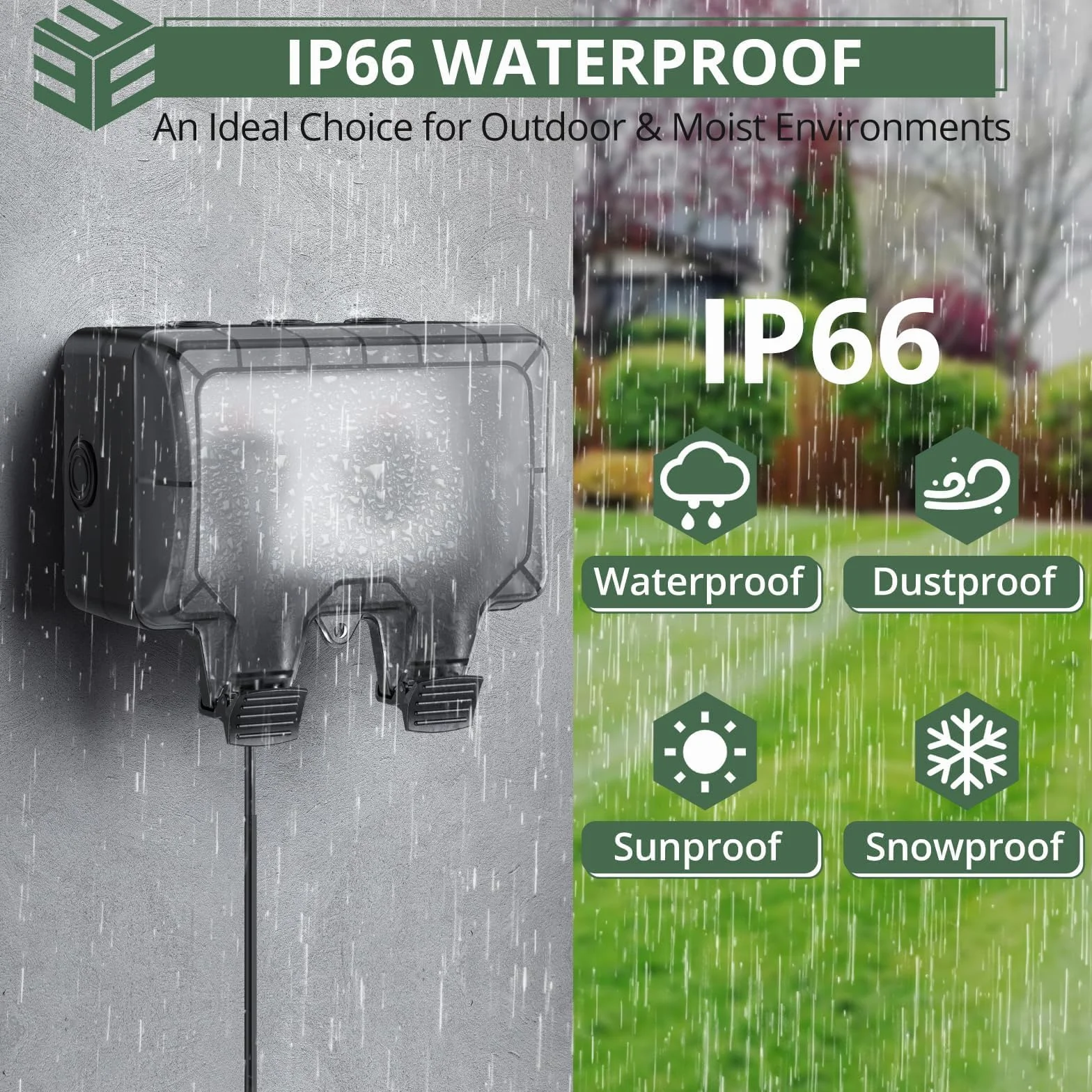 EYPINS Wodoodporne gniazdo zewnętrzne IP66, 2 gangi gniazdko ścienne, czarne