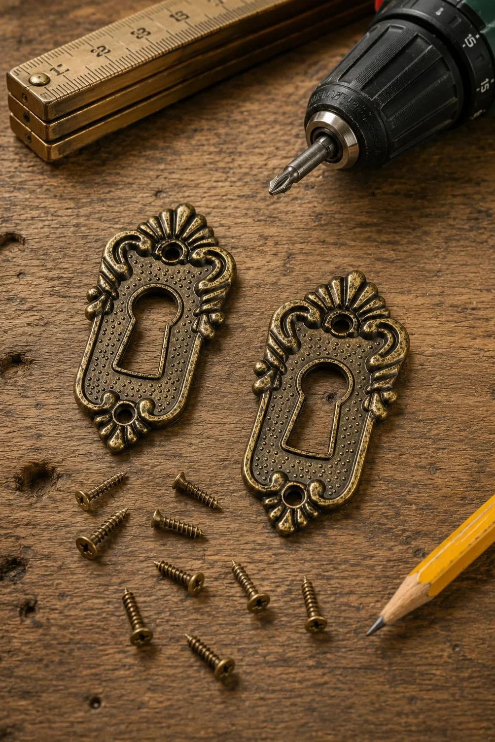 FUXXER® 6 x zabytkowe tabliczki na klucze, osłona dziurki od klucza, mosiądz vintage, dekoracyjne, 45 x 23 mm, brąz