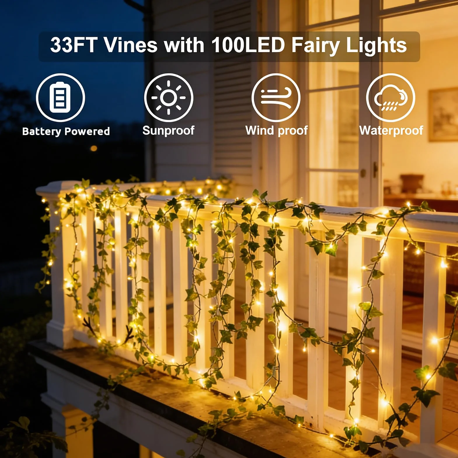 yowin Łańcuch świetlny z bluszczem 10 m, 100 diod LED, pilot zdalnego sterowania, timer, 8 trybów