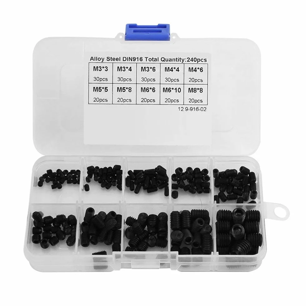Madenschrauben Kopf Muttern DIN916 M3-M8 Schwarz Legiertem Stahl Hex Gewinde Cup Point Sortiment Kits