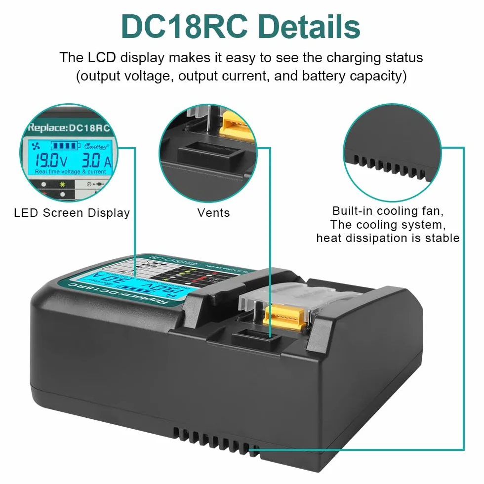 Powarobor DC18RC Szybka ładowarka 3A z wyświetlaczem LCD 14,4V-18V
