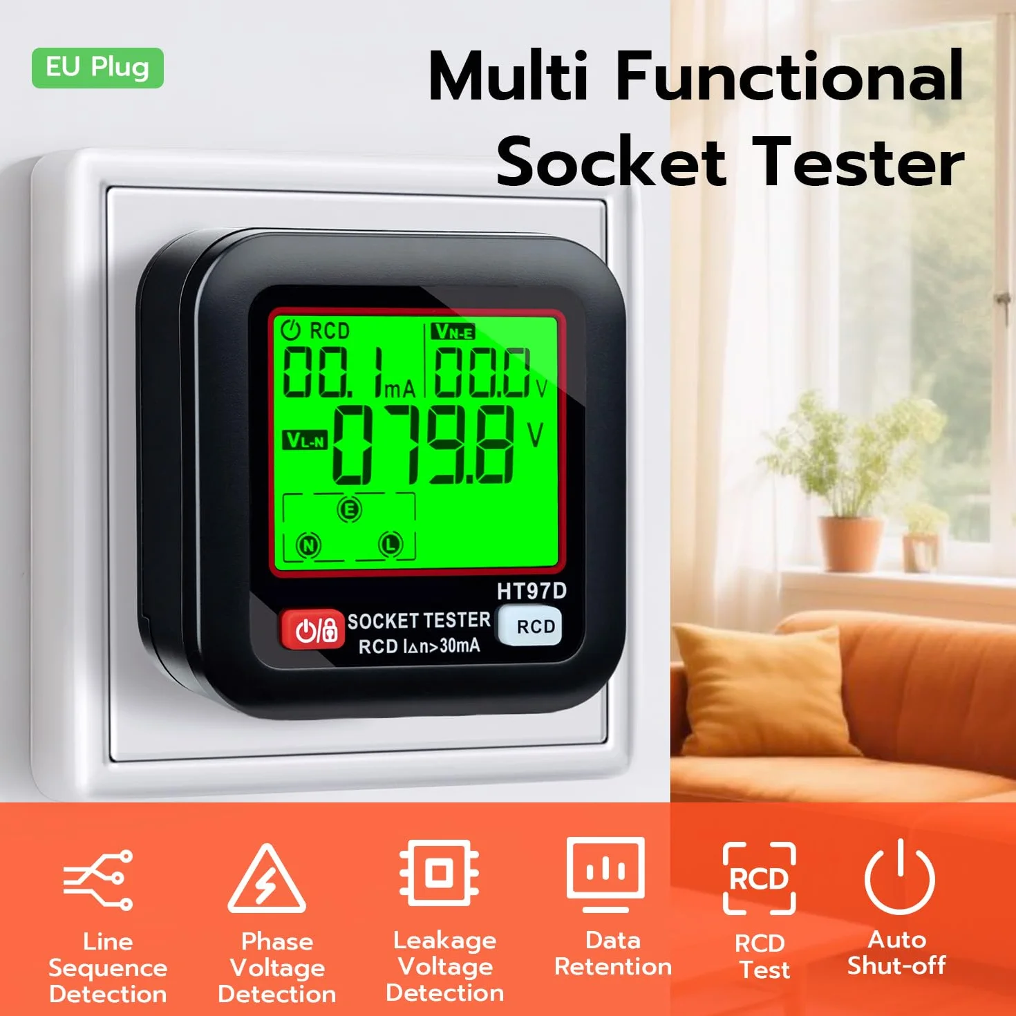 Wigearss Tester gniazd z kontrolą RCD i wyświetlaczem napięcia LCD, 6 rodzajów diagnostyki błędów, napięcie wycieku i wskaźnik prądu, test FI, 30-260 V/45-65 Hz