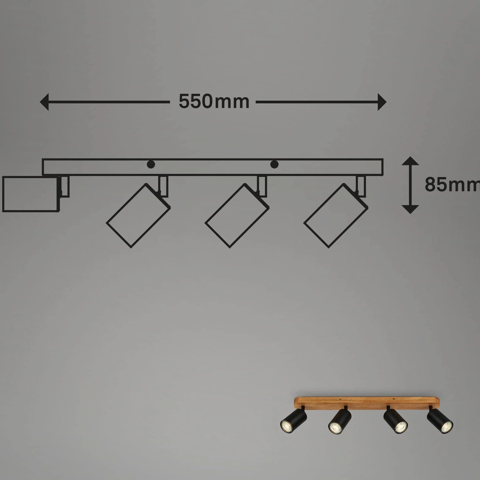 BRILONER - lampa sufitowa retro z drewna, 4 lampy sufitowe vintage, 4x gniazdo GU10, regulowany spot LED, rustykalny spot sufitowy, czarne drewno, 550x60x85 mm