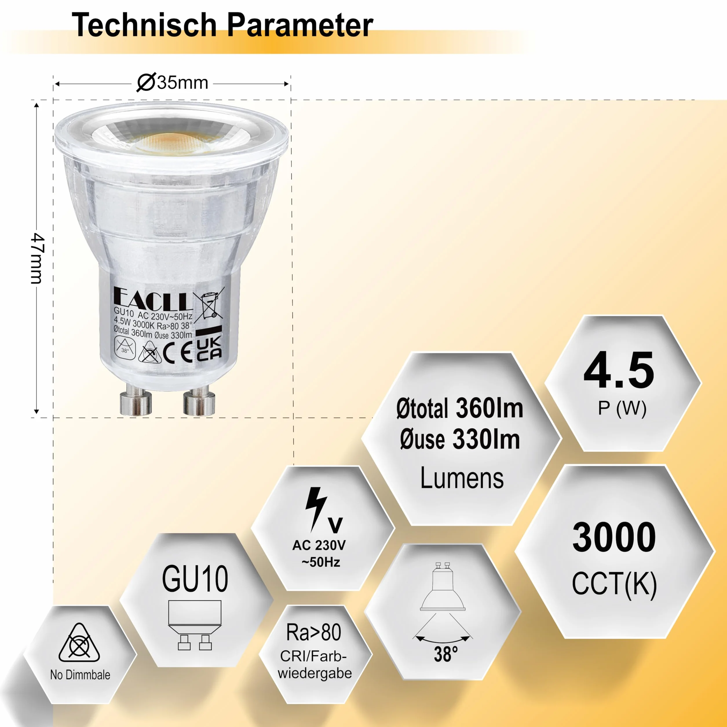 EACLL Żarówka LED GU10 4,5 W 3000 K 330 lm MR11 nieściemnialna AC 230V 38° zestaw 4 sztuk