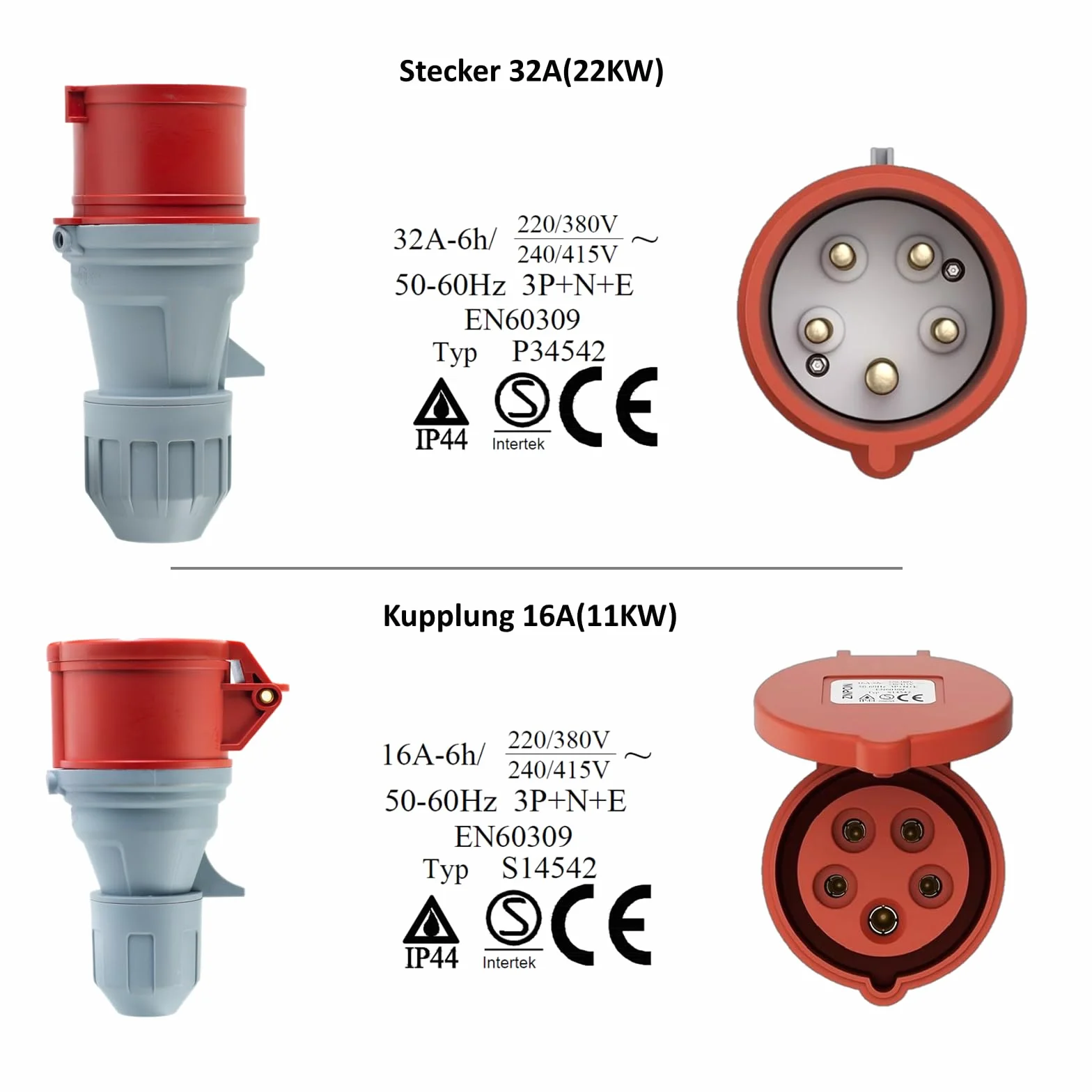 CEE 3-fazowy wtyk adapter 16/32A na złącze 32/16A IP44 wodoszczelny