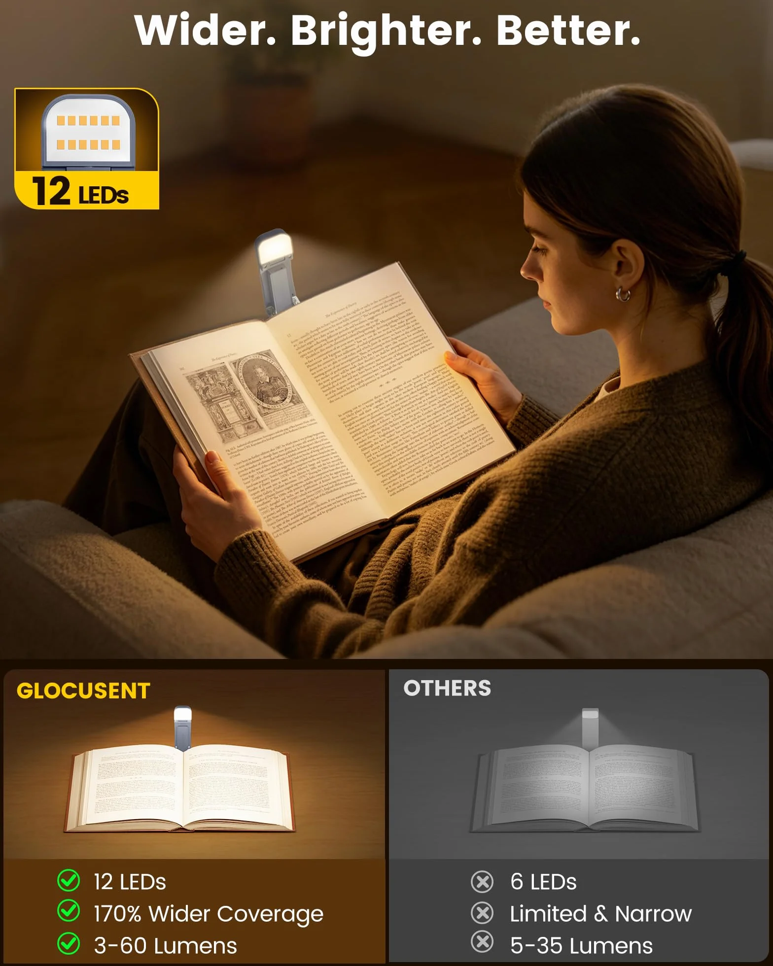 Glocusent Ulepszona lampka do czytania książek z klipsem i 12 diodami LED, czas pracy 200 godzin, lampka do czytania z 3 kolorami i 5 poziomami jasności, przenośna lampka do książek, zamek podróżny