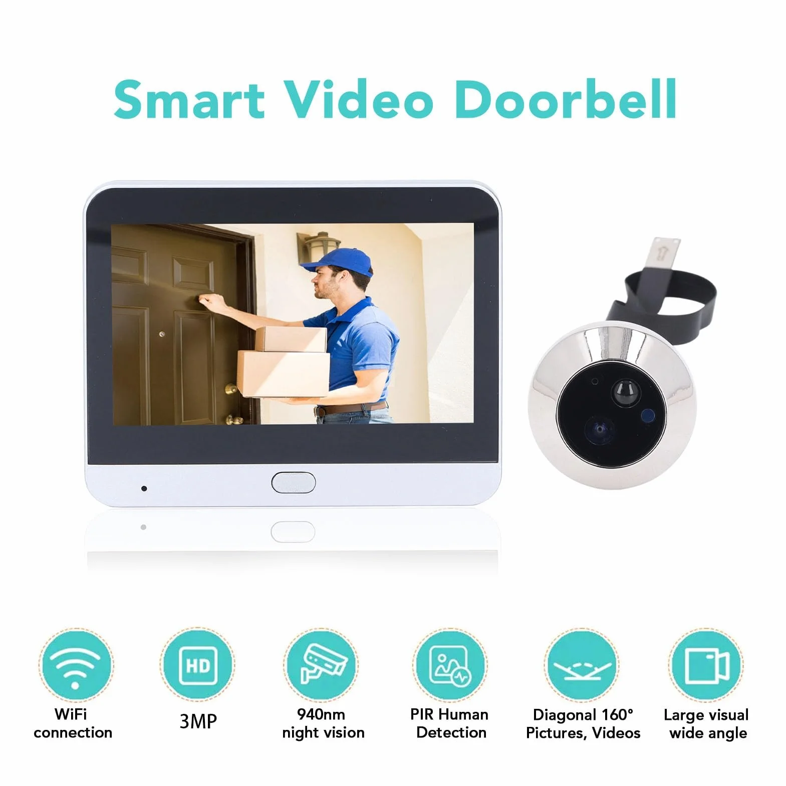 Bezprzewodowy Dzwonek Wideo 2 MP 1080p HD z Monitorem 4,3 Cala Kąt Widzenia 160° Noktowizor Detekcja Ruchu PIR