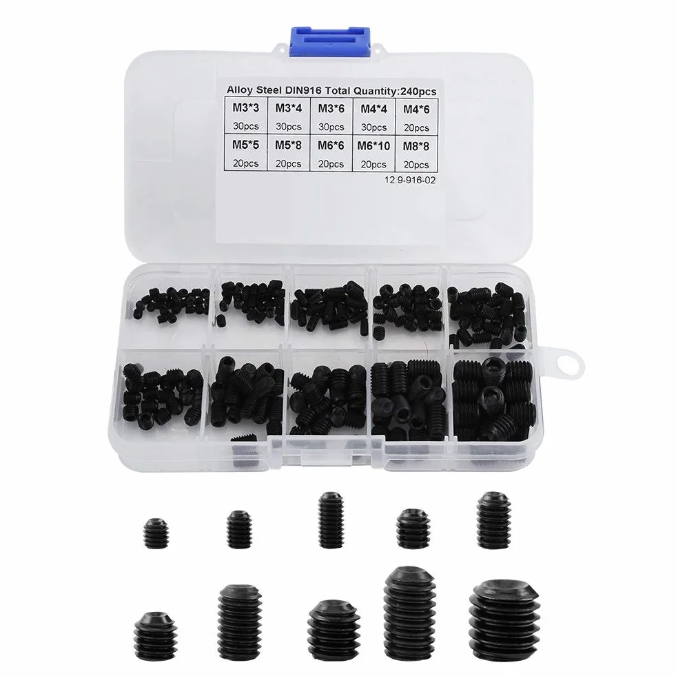 Madenschrauben Kopf Muttern DIN916 M3-M8 Schwarz Legiertem Stahl Hex Gewinde Cup Point Sortiment Kits