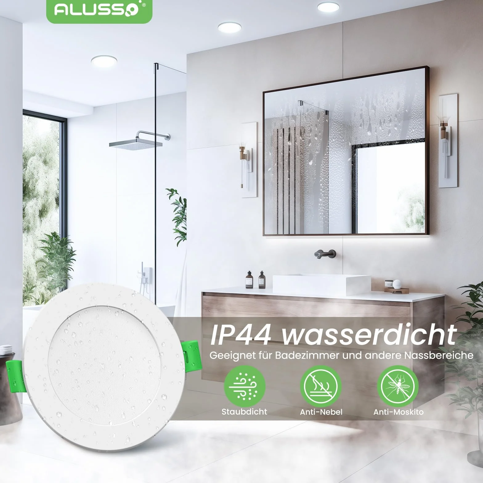 ALUSSO Bardzo płaska, wpuszczana reflektor LED, 5 W 350 lm zimna biel 6500 K, IP44 do łazienki, ultracienki 30 mm, wbudowany AC220-240 V do salonu, kuchni, zestaw 6 sztuk