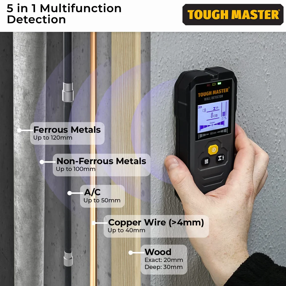 TOUGH MASTER Wyszukiwarka kołków ściennych 5 w 1 drewno metalowy lokalizator skaner ścienny LCD