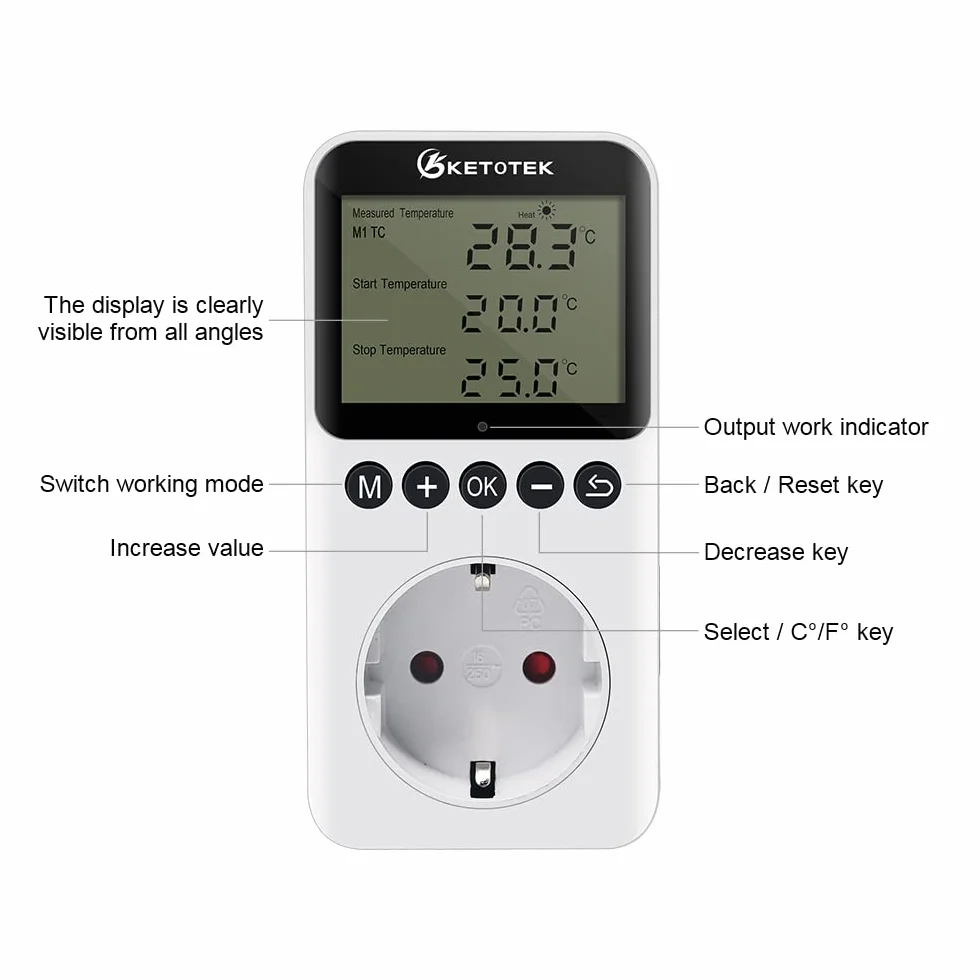 KETOTEK Cyfrowy termostat 100-250 V regulator temperatury z czujnikiem timerem ogrzewanie chłodzenie