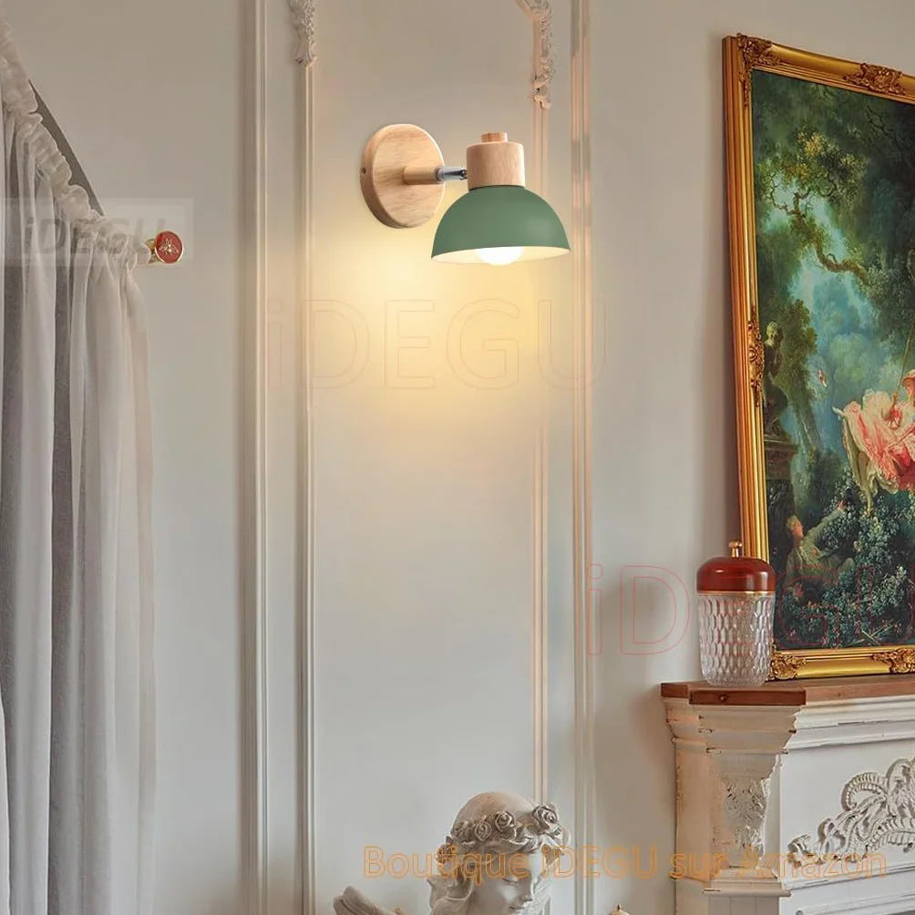 iDEGU 2 sztuki lamp ściennych, nowoczesne światło ścienne z drewna i metalu, półkolisty abażur, E27, regulowana lampa ścienna vintage do sypialni salonu