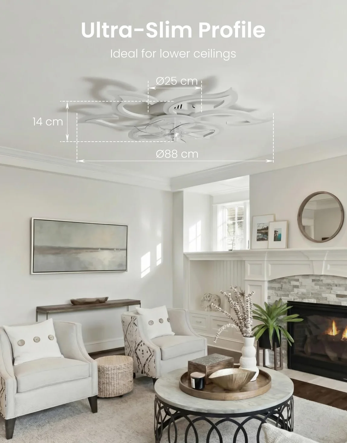 Wentylator sufitowy 88 cm ze światłem i pilotem, kompatybilny z Alexa i Google Home, cichy, biały