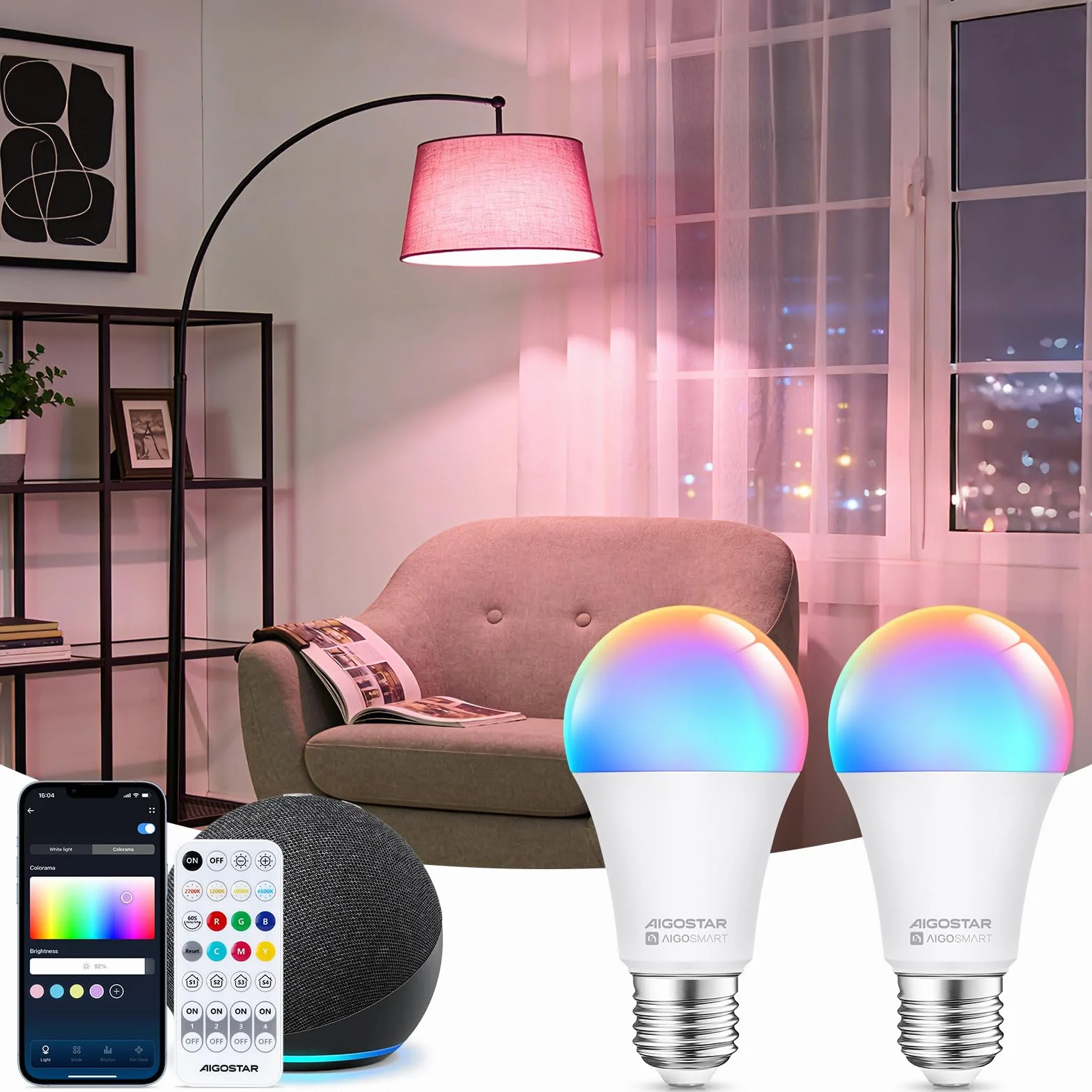 Aigostar inteligentna lampa LED Bluetooth Mesh A60 12W E27 1150lm RGB 2700K-6500K 2 sztuki