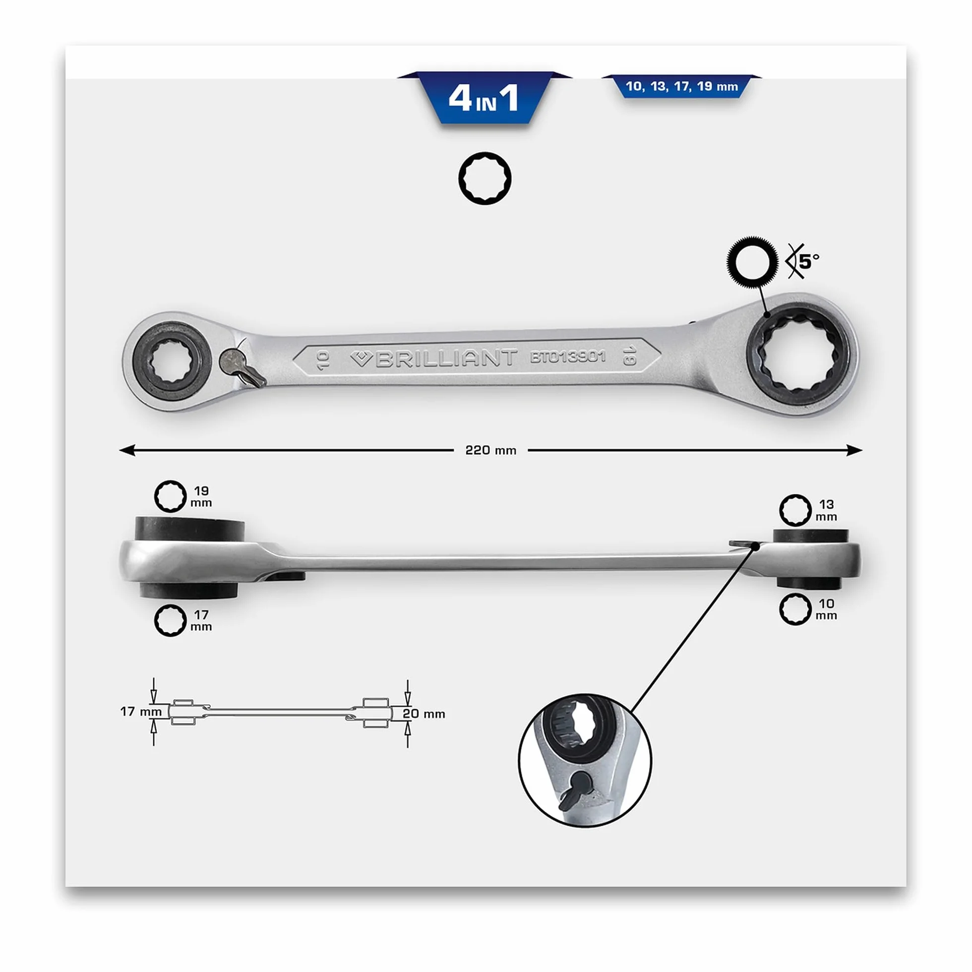 BRILLIANT TOOLS Podwójny klucz oczkowy z grzechotką 4 w 1 10x13 17x19 mm