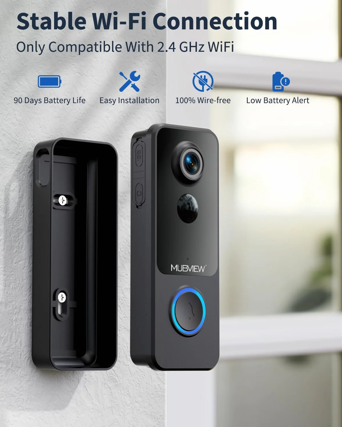 MUBVIEW Bezprzewodowy dzwonek do drzwi z kamerą HD 1080P, Wi-Fi 2,4 GHz, detekcja ruchu PIR, noktowizor, wodoodporny
