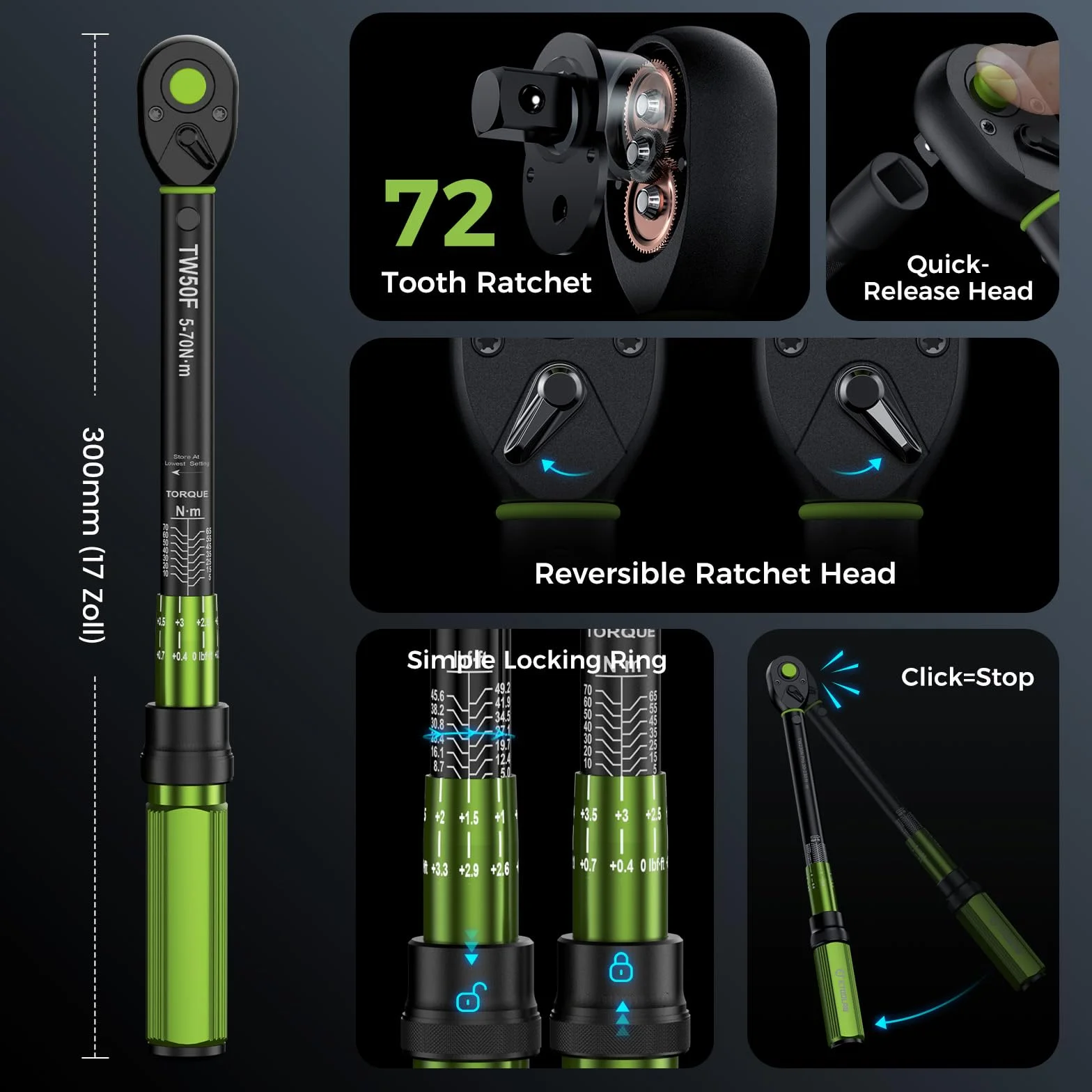 ETOOLAB Klucz dynamometryczny 3/8" 5-70 N·m 72 zęby profesjonalny do samochodu motocykla roweru