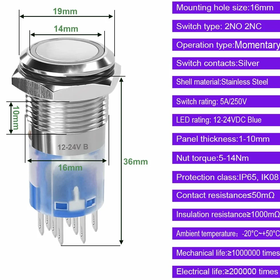 Gebildet Chwilowy Przełącznik Przyciskowy ze Stali Nierdzewnej 16 mm DPDT 2NO 2NC 12V-24V/5A Niebieska dioda LED