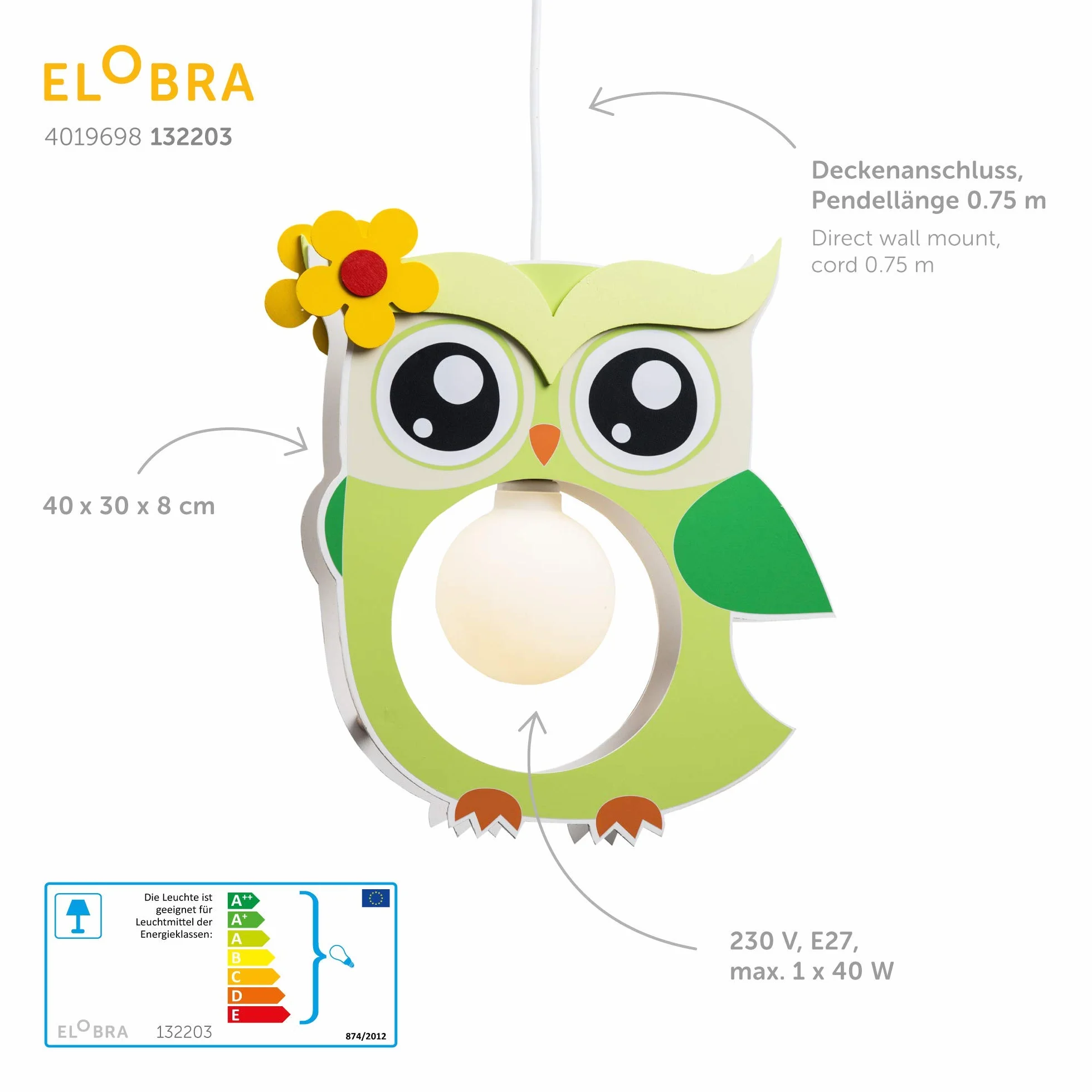 Elobra Lampa sufitowa, sowa do pokoju dziecięcego, lampa wisząca dla dzieci, limonkowa zieleń, zielona, dla dziewcząt i chłopców, z oprawką E27, 40 x 30 x 10 cm