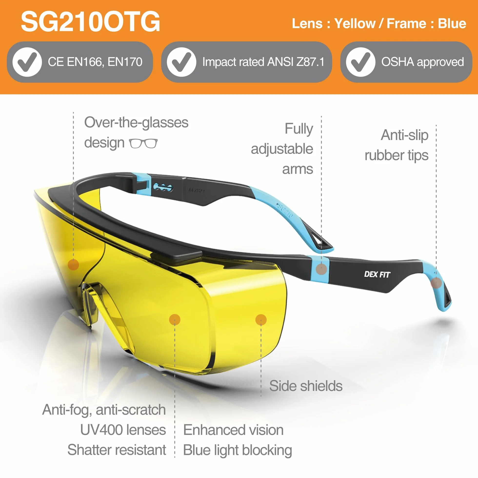 DEX FIT SG210 OTG okulary ochronne; ochrona oczu Z87, odporne na mgłę i zarysowania, regulowane, dla mężczyzn i kobiet, ochrona przed promieniowaniem UV