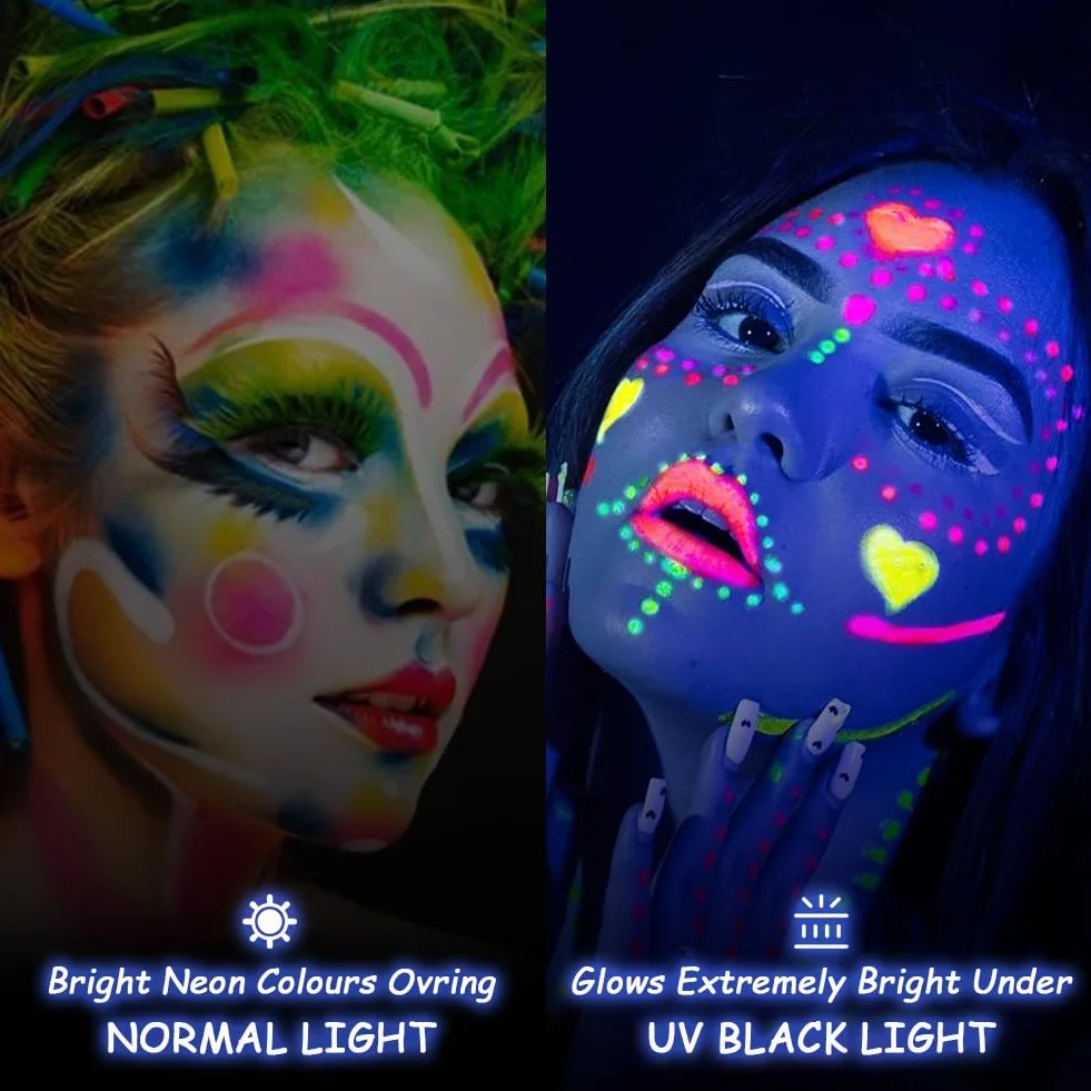 LOPHE Farba do twarzy dla dzieci, zestaw do malowania twarzy 6*30 ml, neonowa farba do twarzy z lampą UV, fluorescencyjne farby do twarzy i ciała, hipoalergiczny, makijaż UV Halloween Festival (zestaw