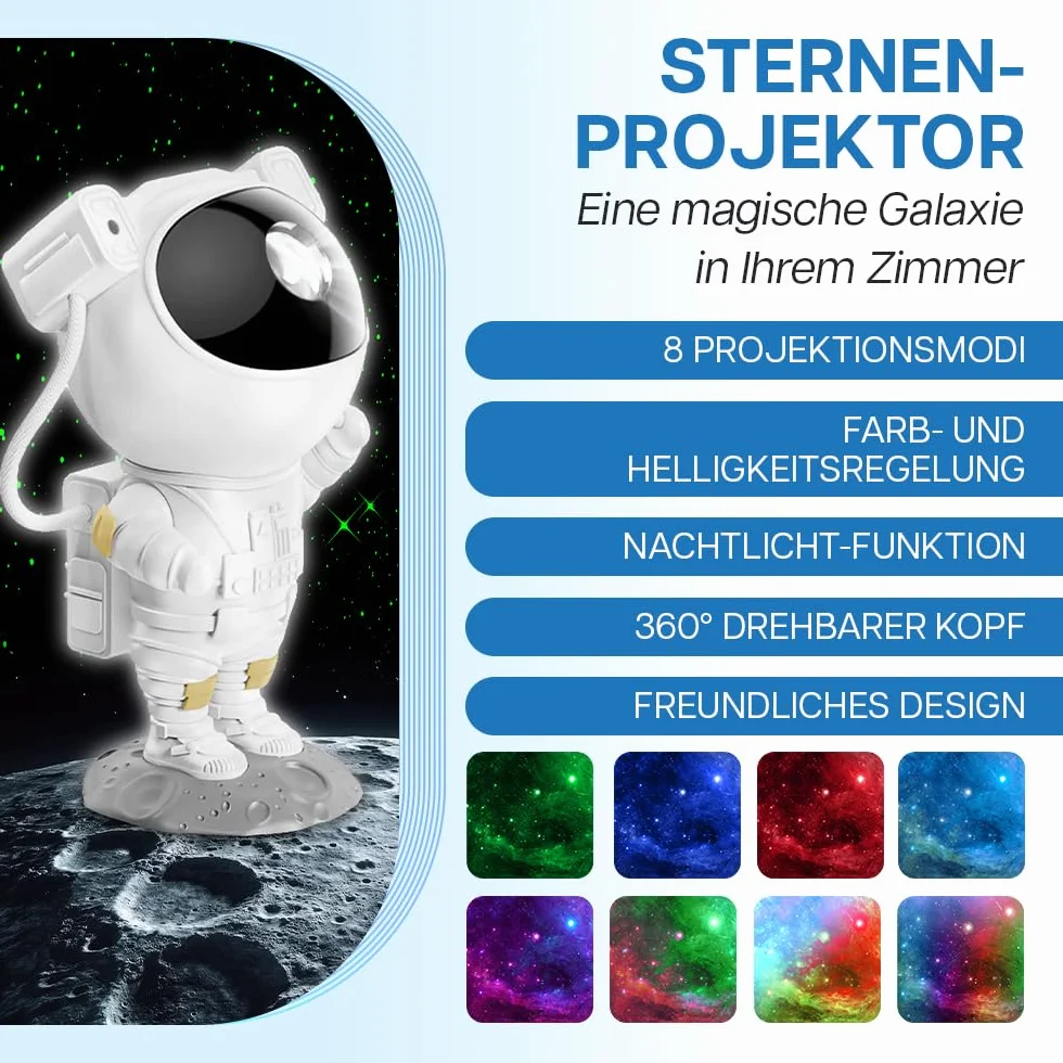 Projektor Gwiazd Astronauta Lampka Nocna LED z Pilotem, 8 Trybów, 360° Regulacja, Timer, Dekoracja Pokoju