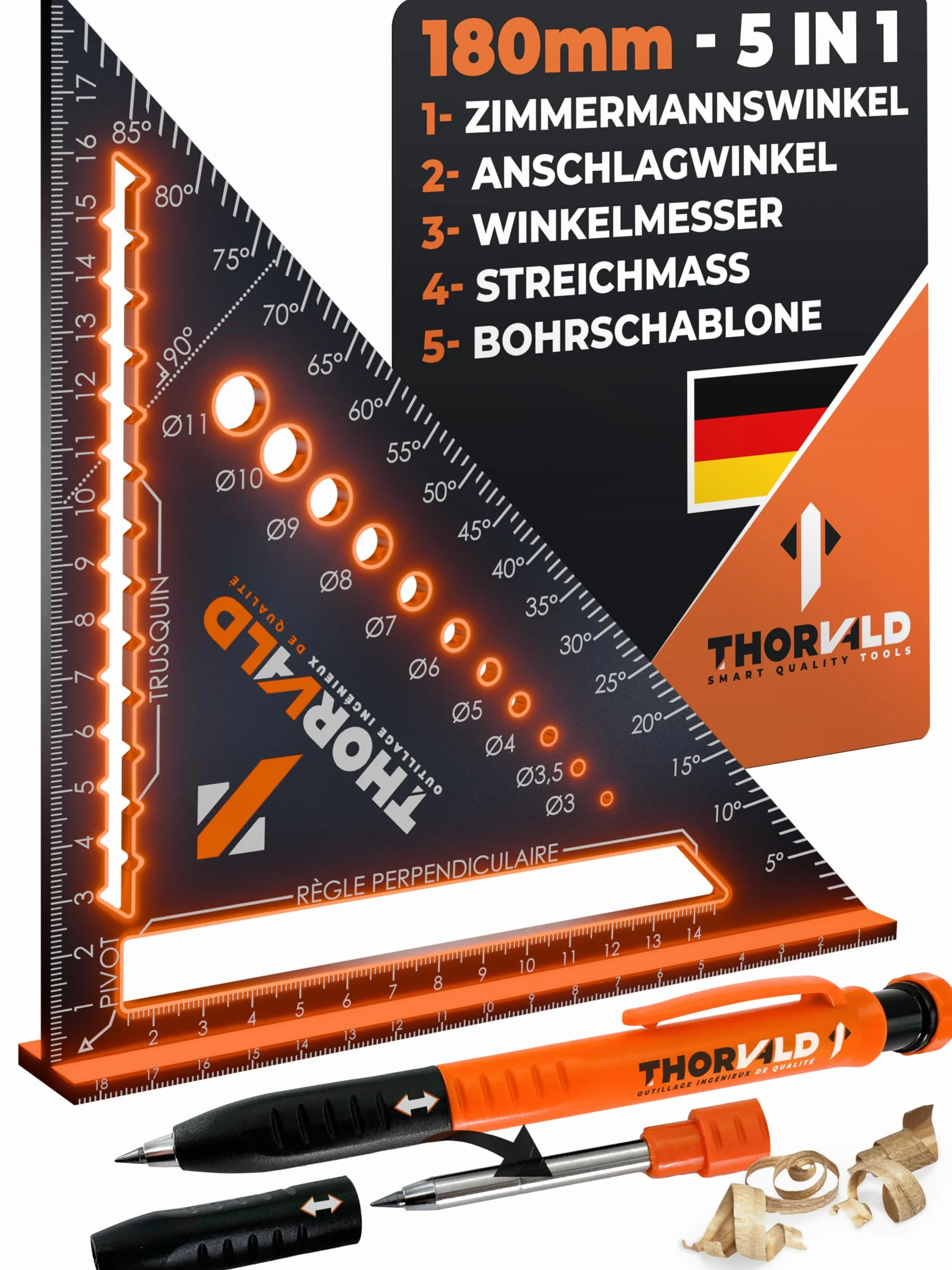 Kątownik stolarski 5 w 1 180 mm aluminium wielofunkcyjny znacznik kątomierz szablon do otworów